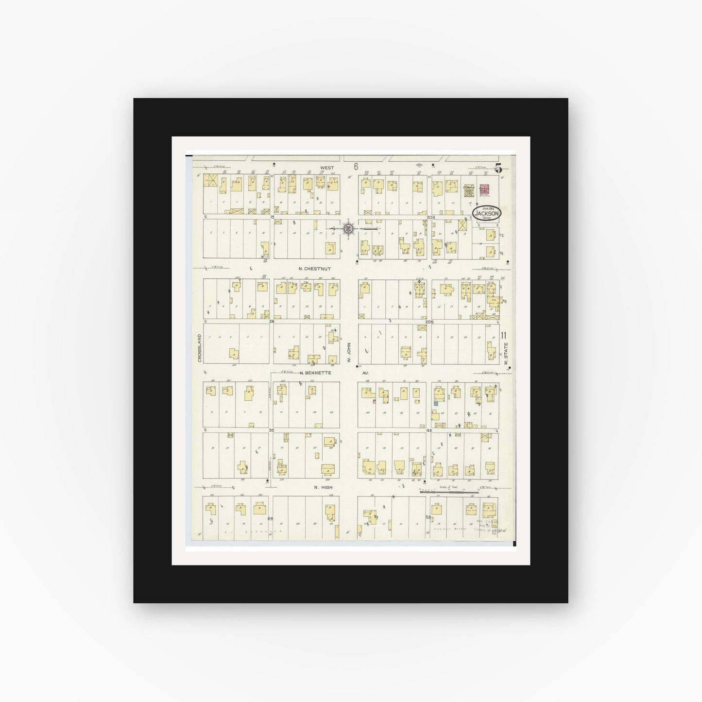 Old map wall art mockup — black gallery frame with white mat — Sanborn Fire Insurance Map from Jackson, Jackson County, Ohio (1914), Sheet #0005