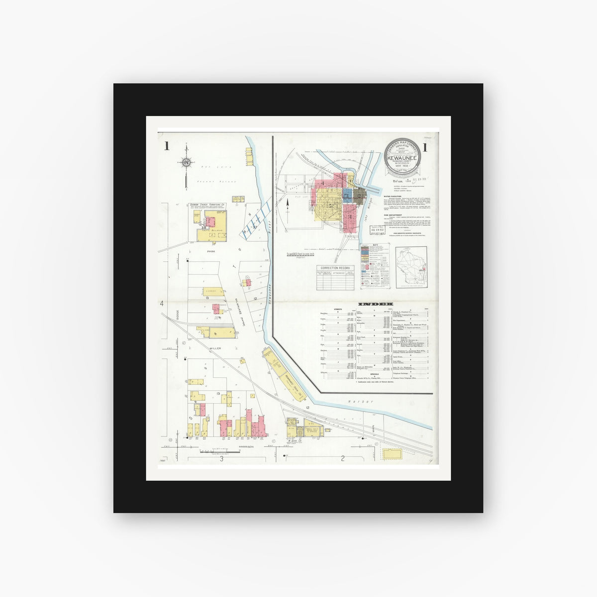 Old map wall art mockup — black gallery frame with white mat — Sanborn Fire Insurance Map from Kewaunee, Kewaunee County, Wisconsin (1933), Sheet #0001