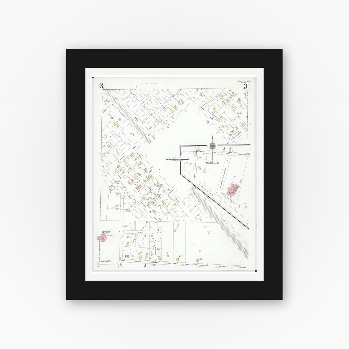 Old map wall art mockup — black gallery frame with white mat — Sanborn Fire Insurance Map from Hilliards, Franklin County, Ohio (1946), Sheet #0003
