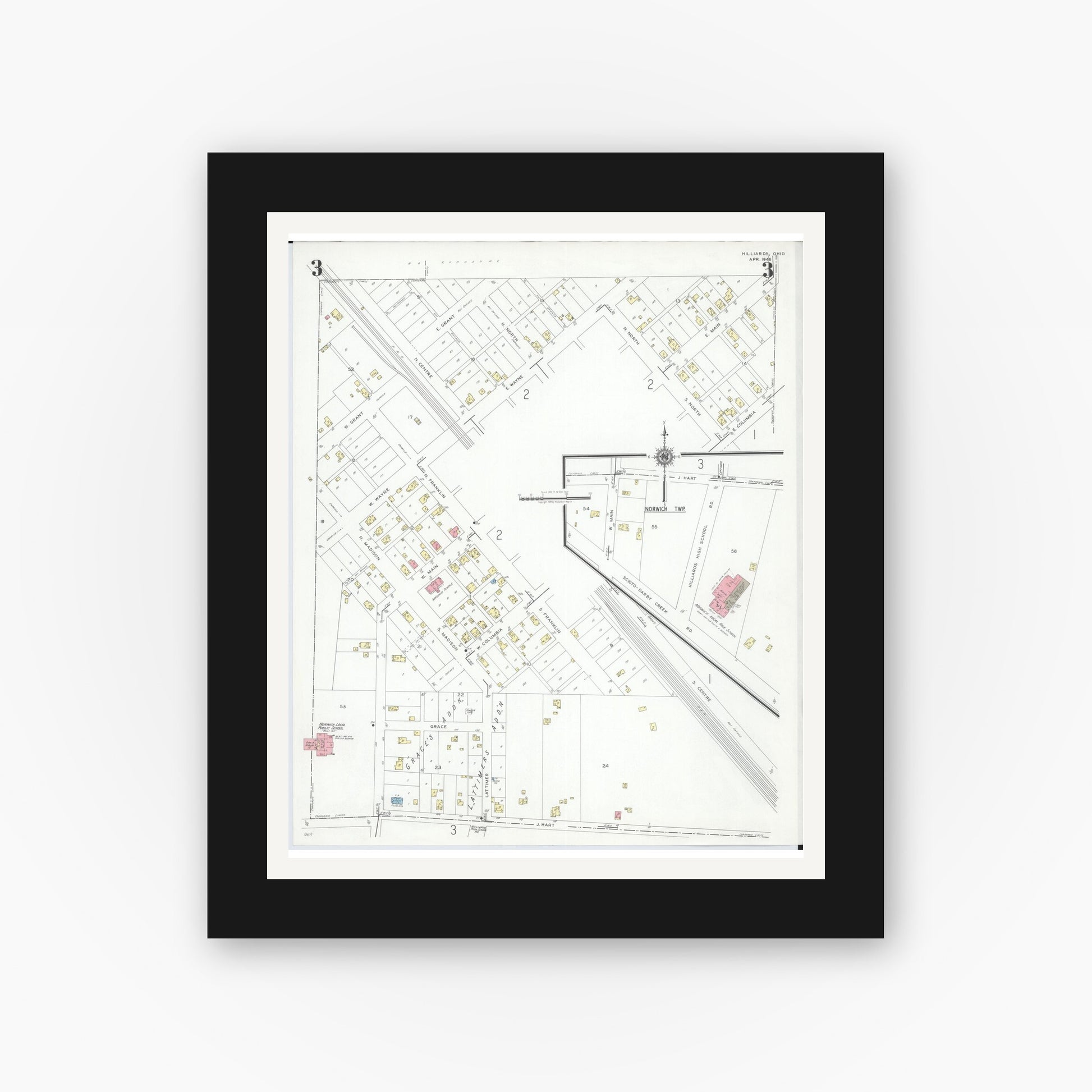 Old map wall art mockup — black gallery frame with white mat — Sanborn Fire Insurance Map from Hilliards, Franklin County, Ohio (1946), Sheet #0003