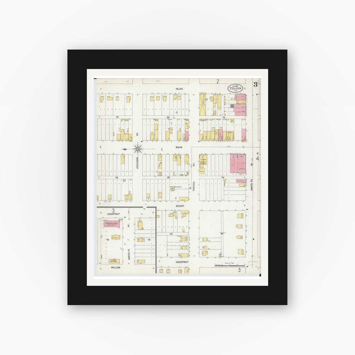 Old map wall art mockup — black gallery frame with white mat — Sanborn Fire Insurance Map from Toluca, Marshall County, Illinois (1901), Sheet #0003