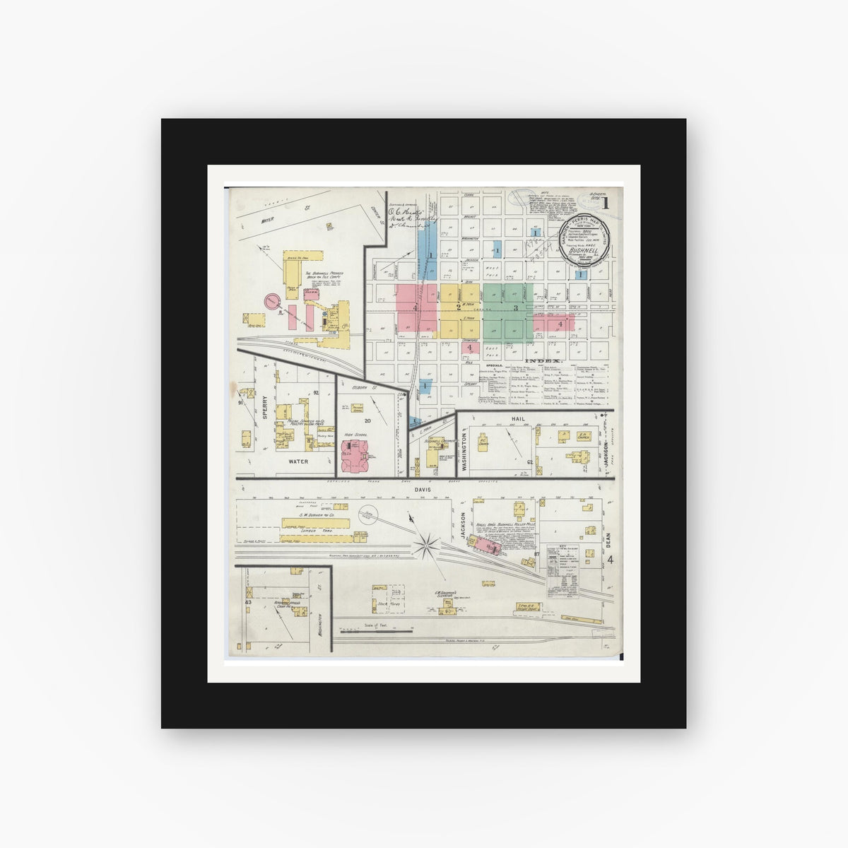 Old map wall art mockup — black gallery frame with white mat — Sanborn Fire Insurance Map from Bushnell, Mcdonough County, Illinois (1898) - Complete Map Set