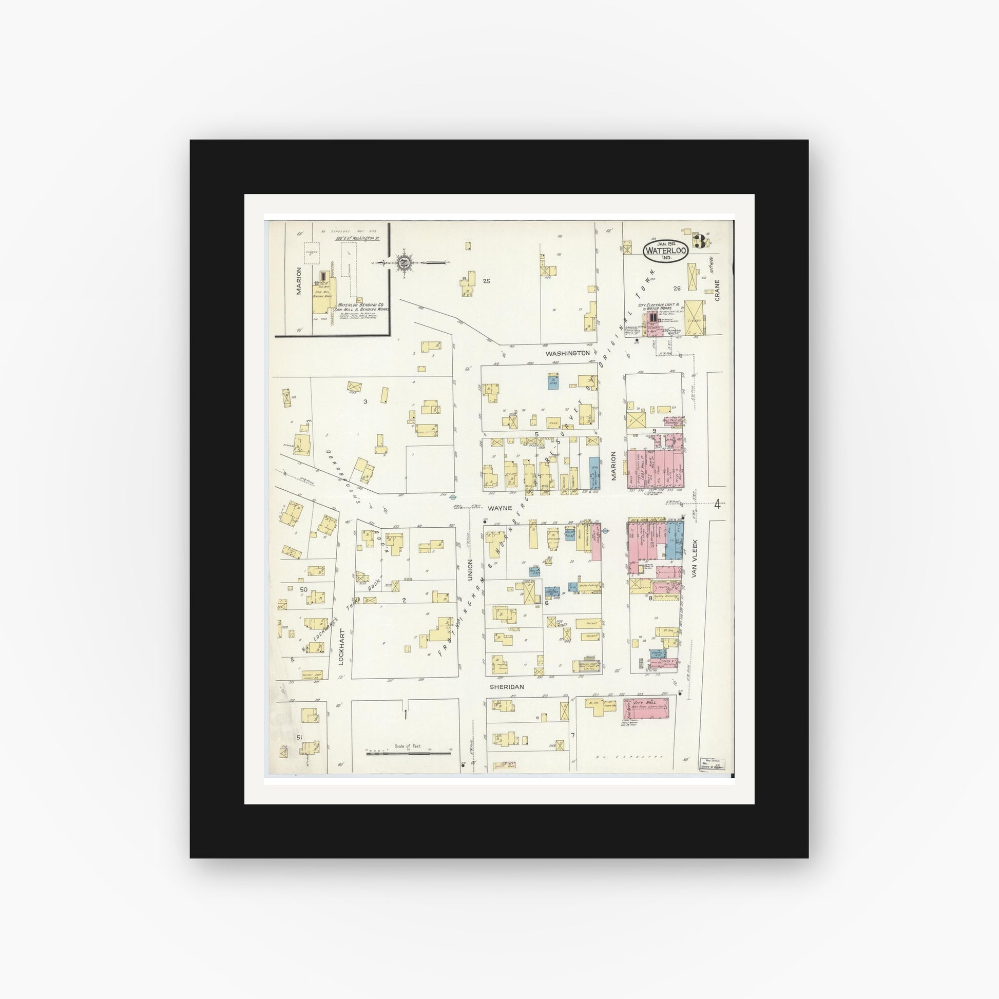 Old map wall art mockup — black gallery frame with white mat — Sanborn Fire Insurance Map from Waterloo, De Kalb County, Indiana (1914), Sheet #0003