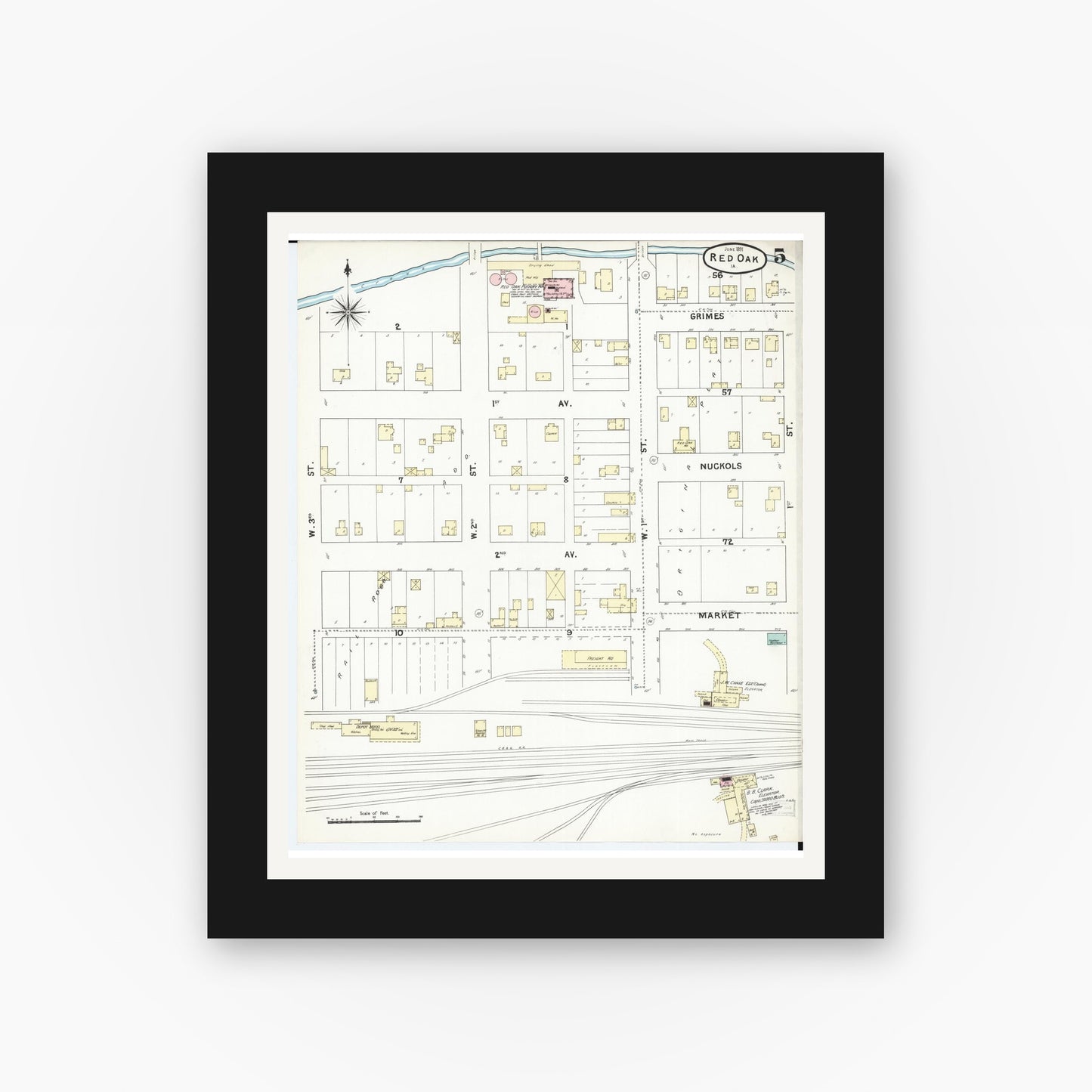 Old map wall art mockup — black gallery frame with white mat — Sanborn Fire Insurance Map from Red Oak, Montgomery County, Iowa (1891), Sheet #0005