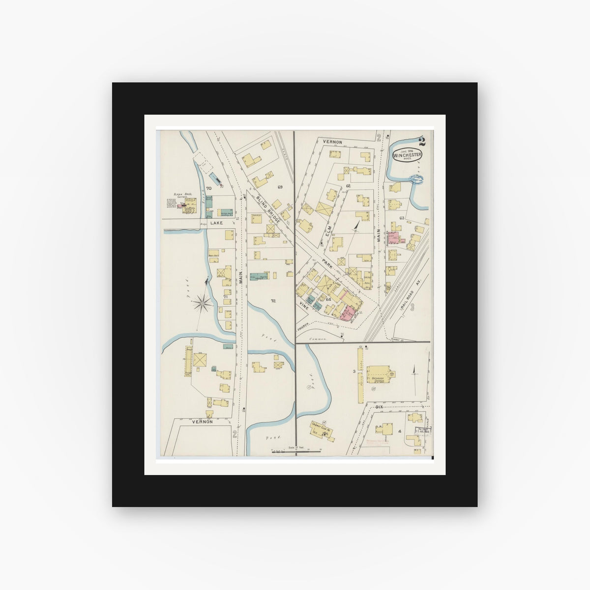 Old map wall art mockup — black gallery frame with white mat — Sanborn Fire Insurance Map from Winchester, Middlesex County, Massachusetts (1894), Sheet #0002
