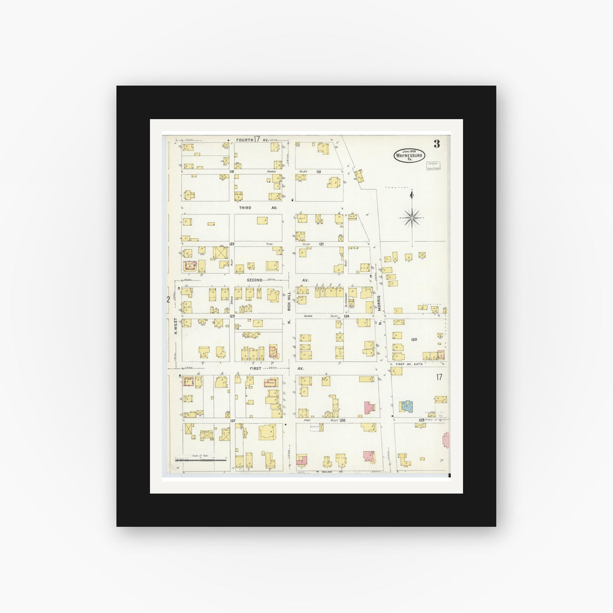 Old map wall art mockup — black gallery frame with white mat — Sanborn Fire Insurance Map from Waynesburg, Greene County, Pennsylvania (1908), Sheet #0003