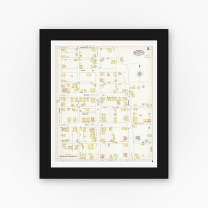 Old map wall art mockup — black gallery frame with white mat — Sanborn Fire Insurance Map from Waynesburg, Greene County, Pennsylvania (1908), Sheet #0003
