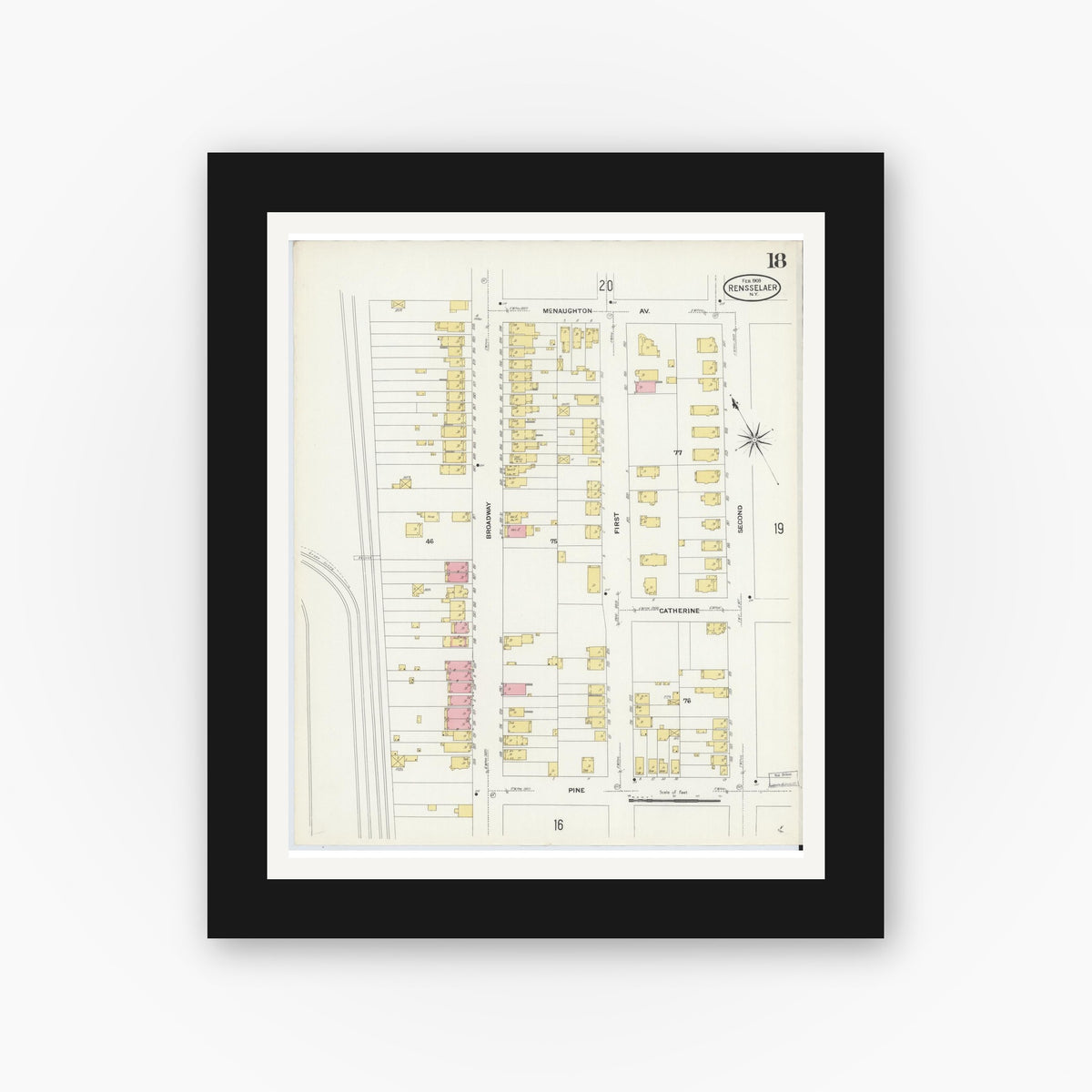Old map wall art mockup — black gallery frame with white mat — Sanborn Fire Insurance Map from Rensselaer, Rensselaer County, New York (1909), Sheet #0018