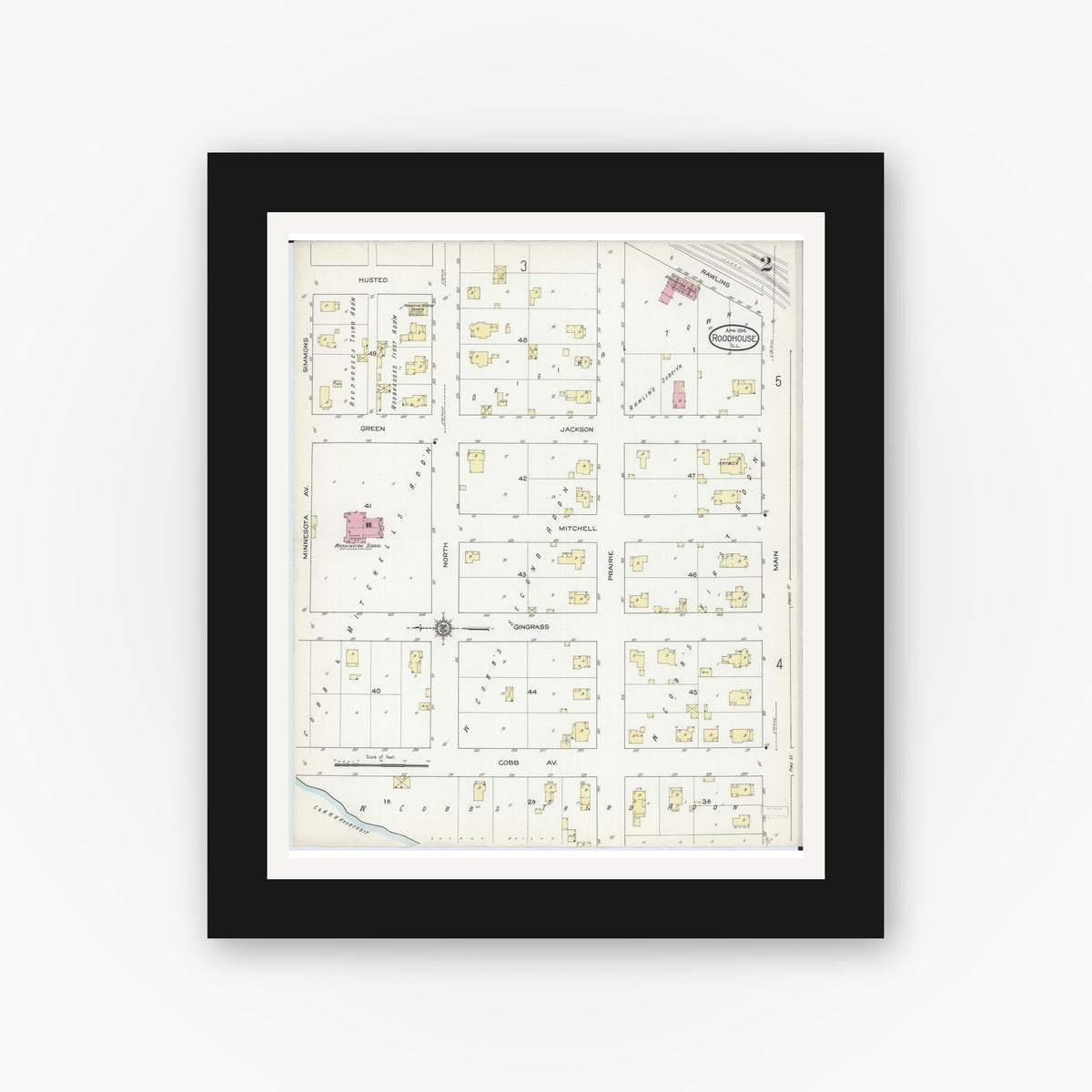 Old map wall art mockup — black gallery frame with white mat — Sanborn Fire Insurance Map from Roodhouse, Greene County, Illinois (1914), Sheet #0002