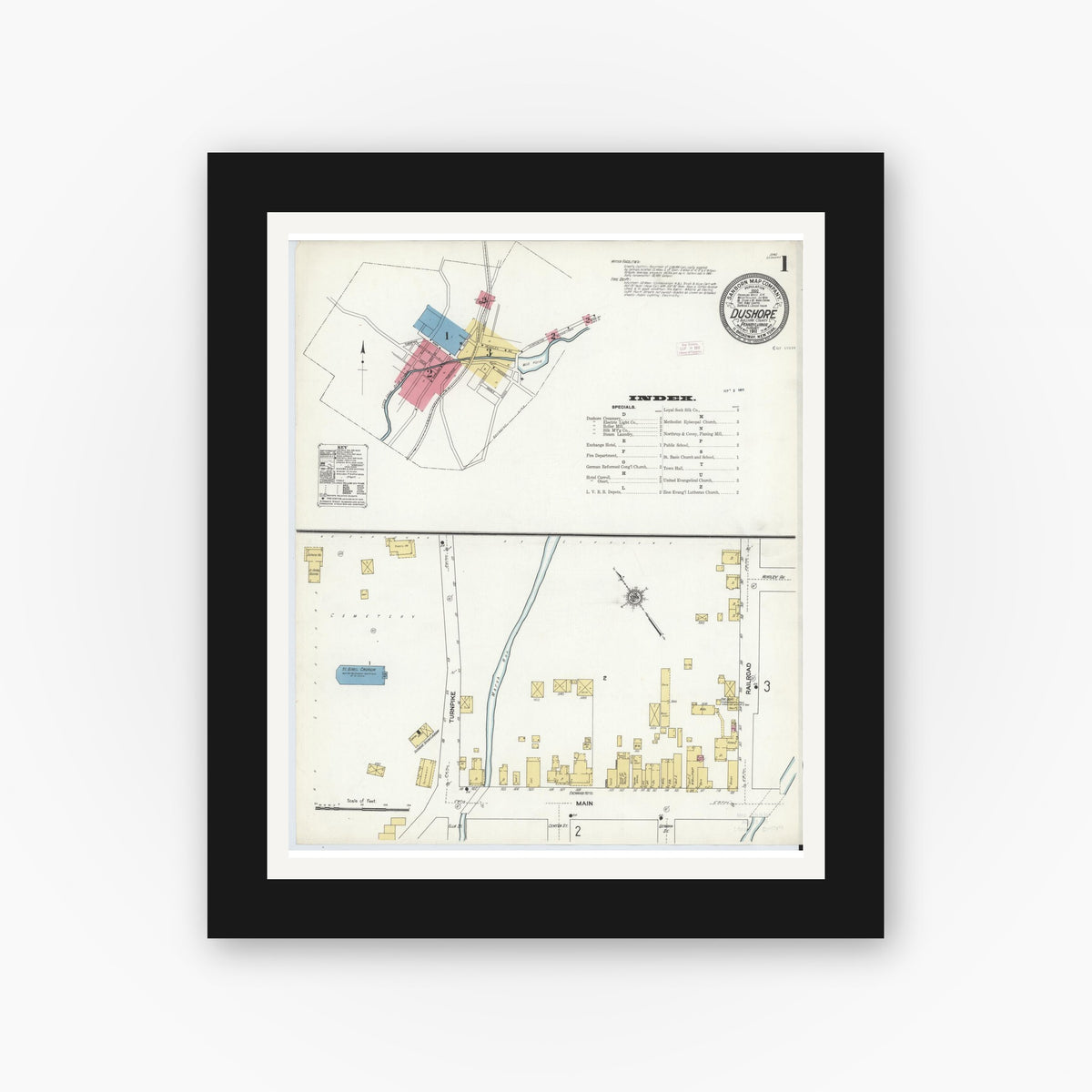 Old map wall art mockup — black gallery frame with white mat — Sanborn Fire Insurance Map from Dushore, Sullivan County, Pennsylvania (1911) - Complete Map Set