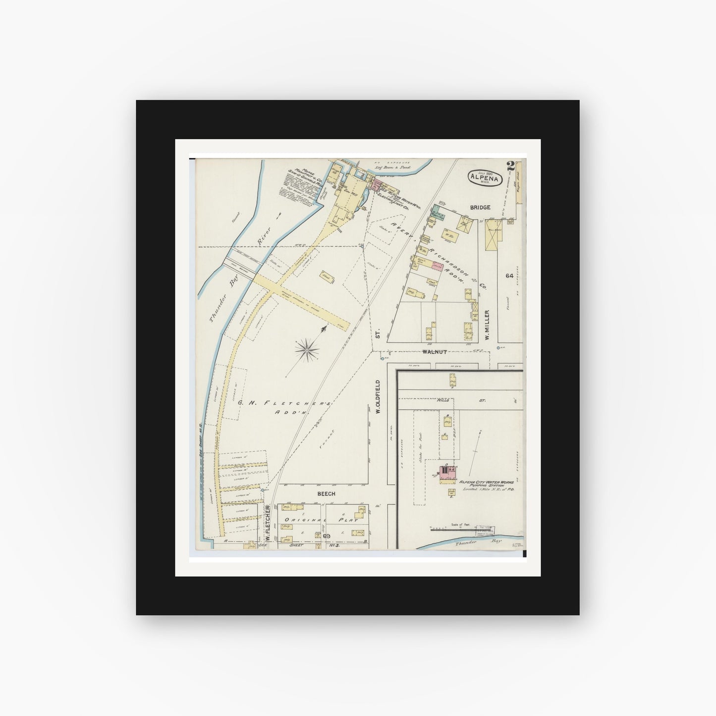 Old map wall art mockup — black gallery frame with white mat — Sanborn Fire Insurance Map from Alpena, Alpena County, Michigan (1890), Sheet #0002