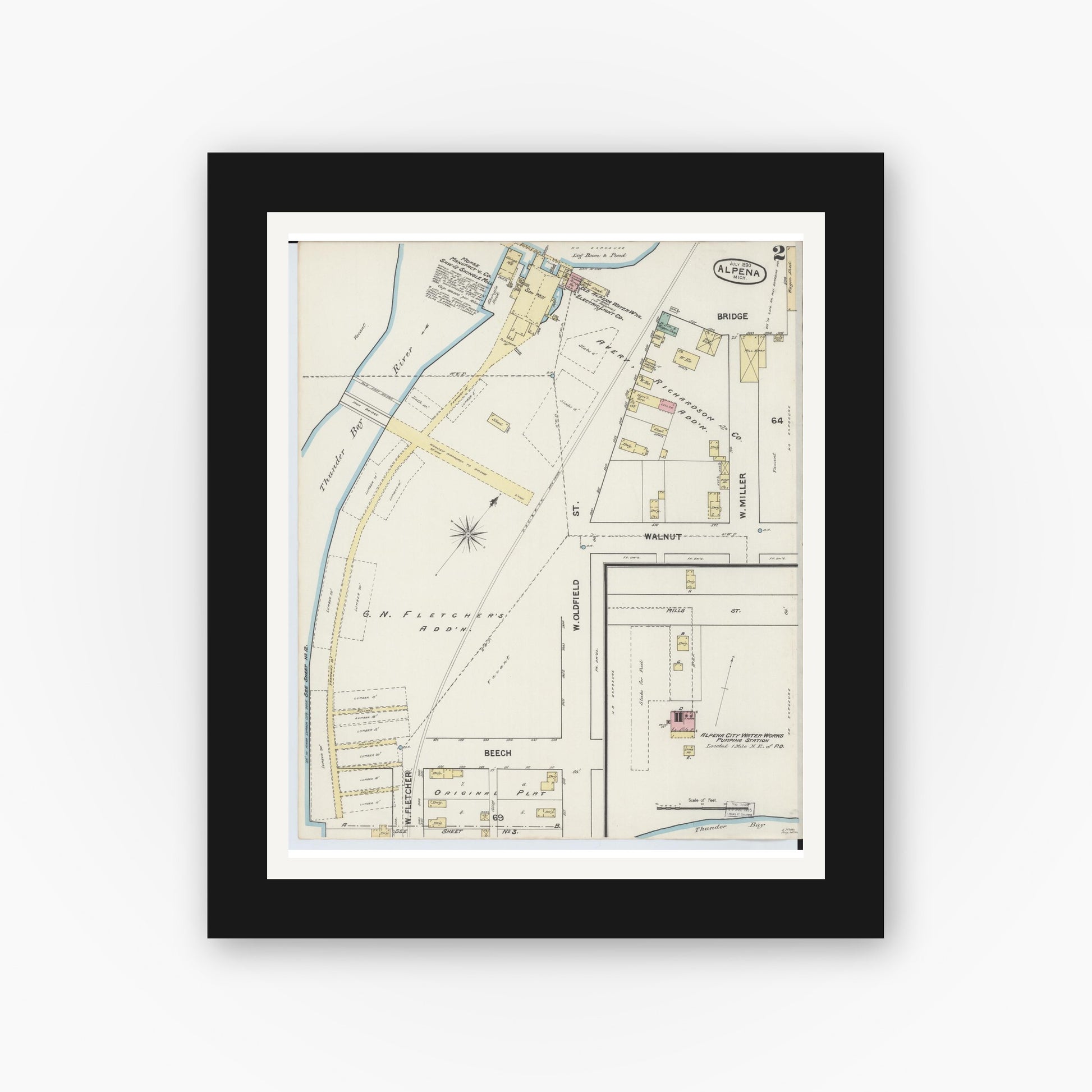 Old map wall art mockup — black gallery frame with white mat — Sanborn Fire Insurance Map from Alpena, Alpena County, Michigan (1890), Sheet #0002
