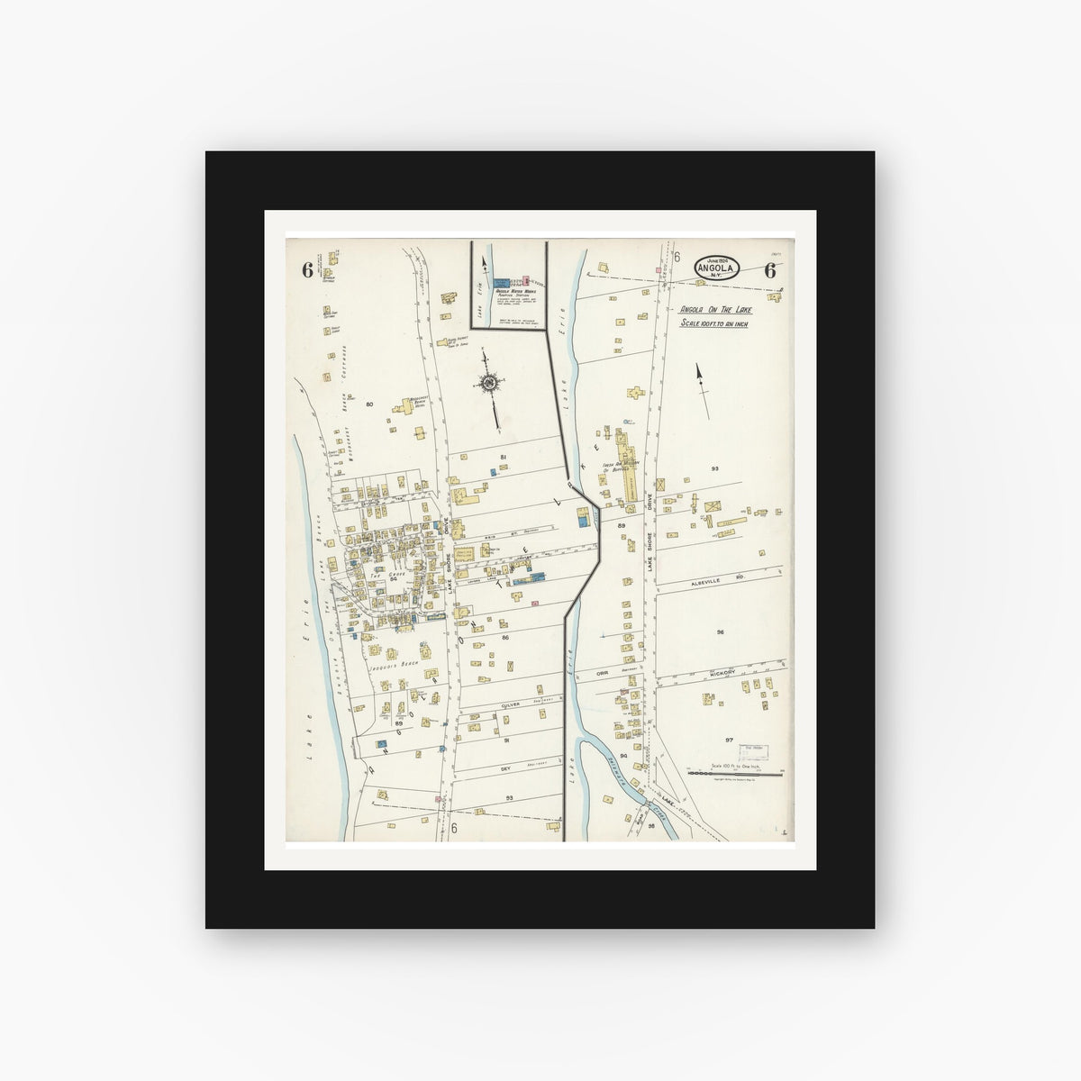 Old map wall art mockup — black gallery frame with white mat — Sanborn Fire Insurance Map from Angola, Erie County, New York (1924), Sheet #0006