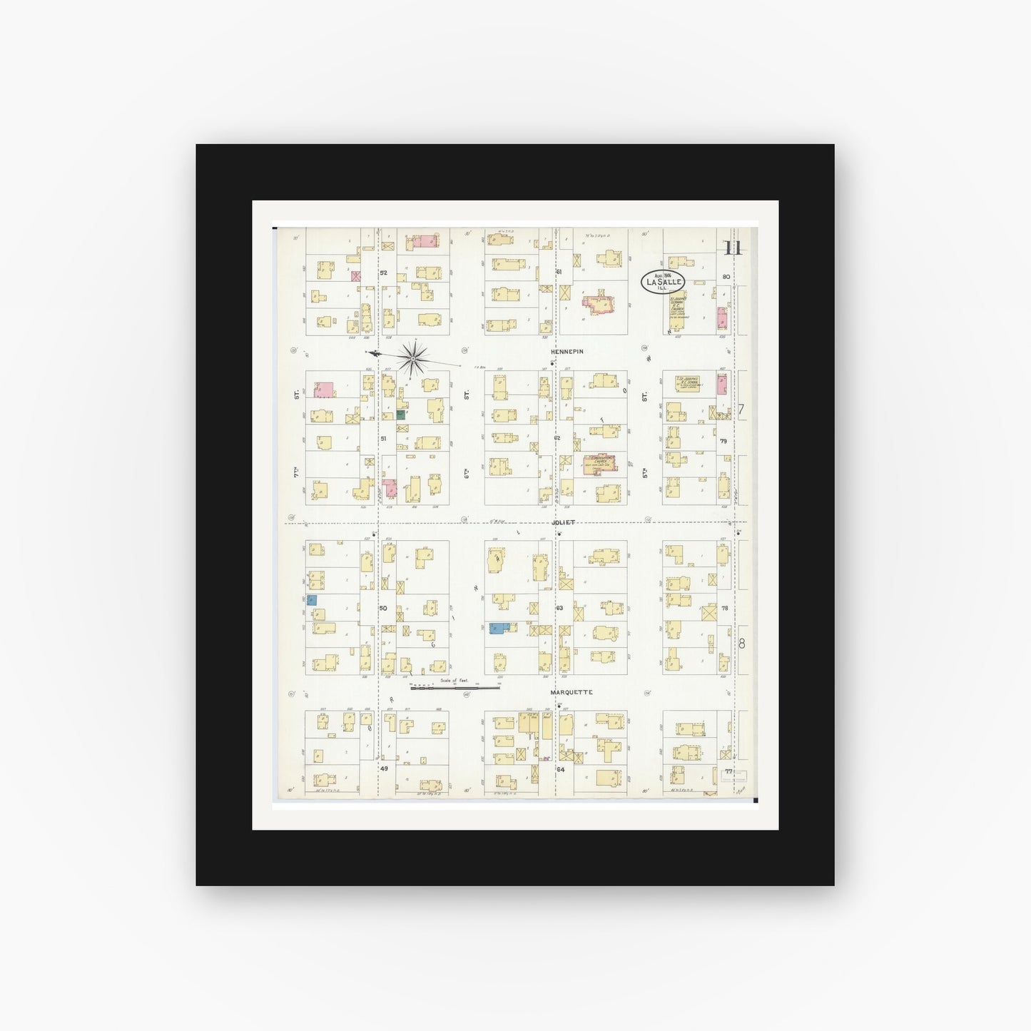 Old map wall art mockup — black gallery frame with white mat — Sanborn Fire Insurance Map from La Salle, La Salle County, Illinois (1906), Sheet #0011