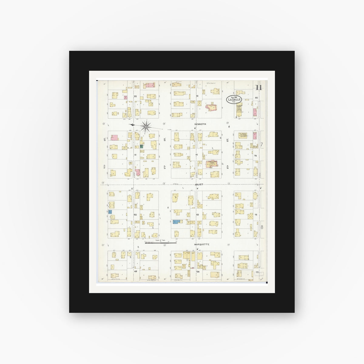 Old map wall art mockup — black gallery frame with white mat — Sanborn Fire Insurance Map from La Salle, La Salle County, Illinois (1906), Sheet #0011
