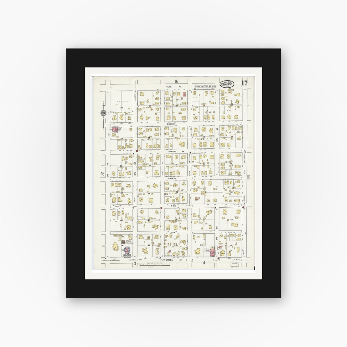 Old map wall art mockup — black gallery frame with white mat — Sanborn Fire Insurance Map from Orange, Orange County, Texas (1919), Sheet #0017
