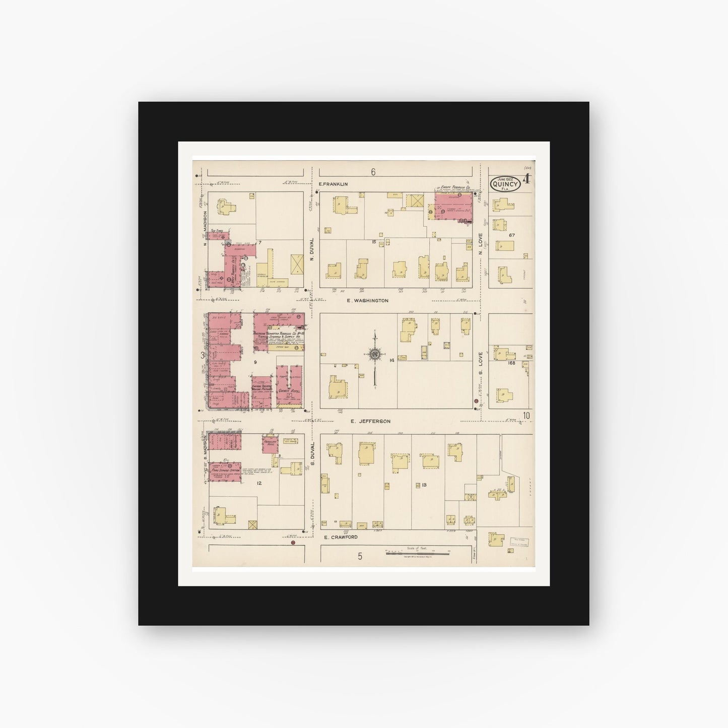 Old map wall art mockup — black gallery frame with white mat — Sanborn Fire Insurance Map from Quincy, Gadsden County, Florida (1922), Sheet #0004