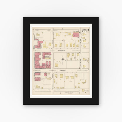 Old map wall art mockup — black gallery frame with white mat — Sanborn Fire Insurance Map from Quincy, Gadsden County, Florida (1922), Sheet #0004