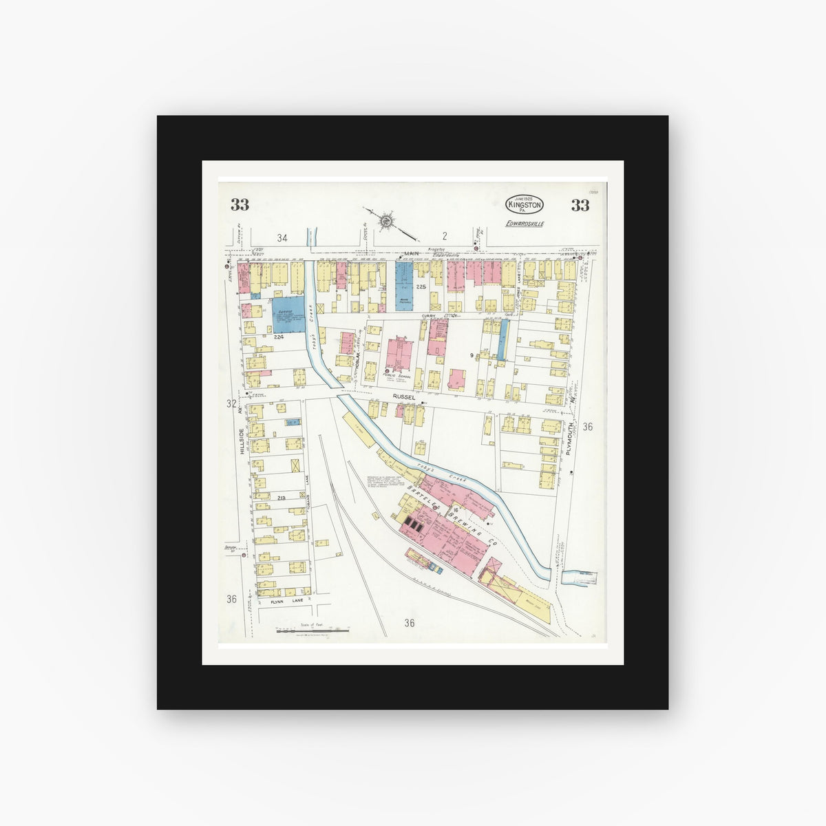 Old map wall art mockup — black gallery frame with white mat — Sanborn Fire Insurance Map from Kingston, Luzerne County, Pennsylvania (1925), Sheet #0033