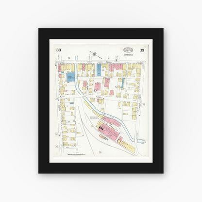 Old map wall art mockup — black gallery frame with white mat — Sanborn Fire Insurance Map from Kingston, Luzerne County, Pennsylvania (1925), Sheet #0033