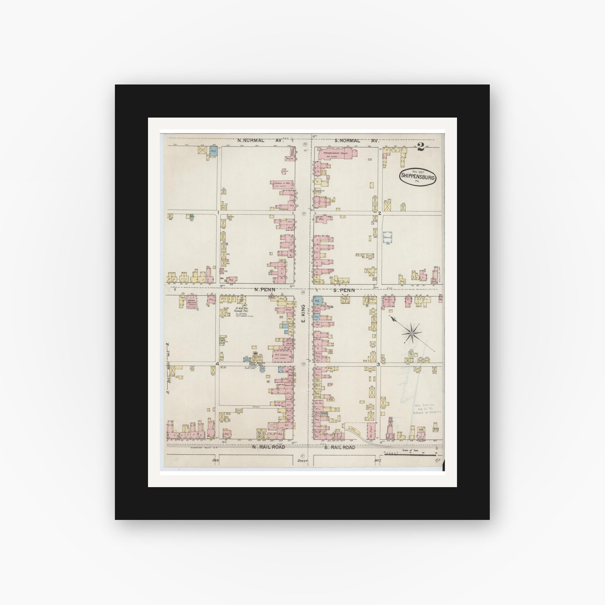 Old map wall art mockup — black gallery frame with white mat — Sanborn Fire Insurance Map from Shippensburg, Cumberland And Franklin Counties, Pennsylvania (1887), Sheet #0002
