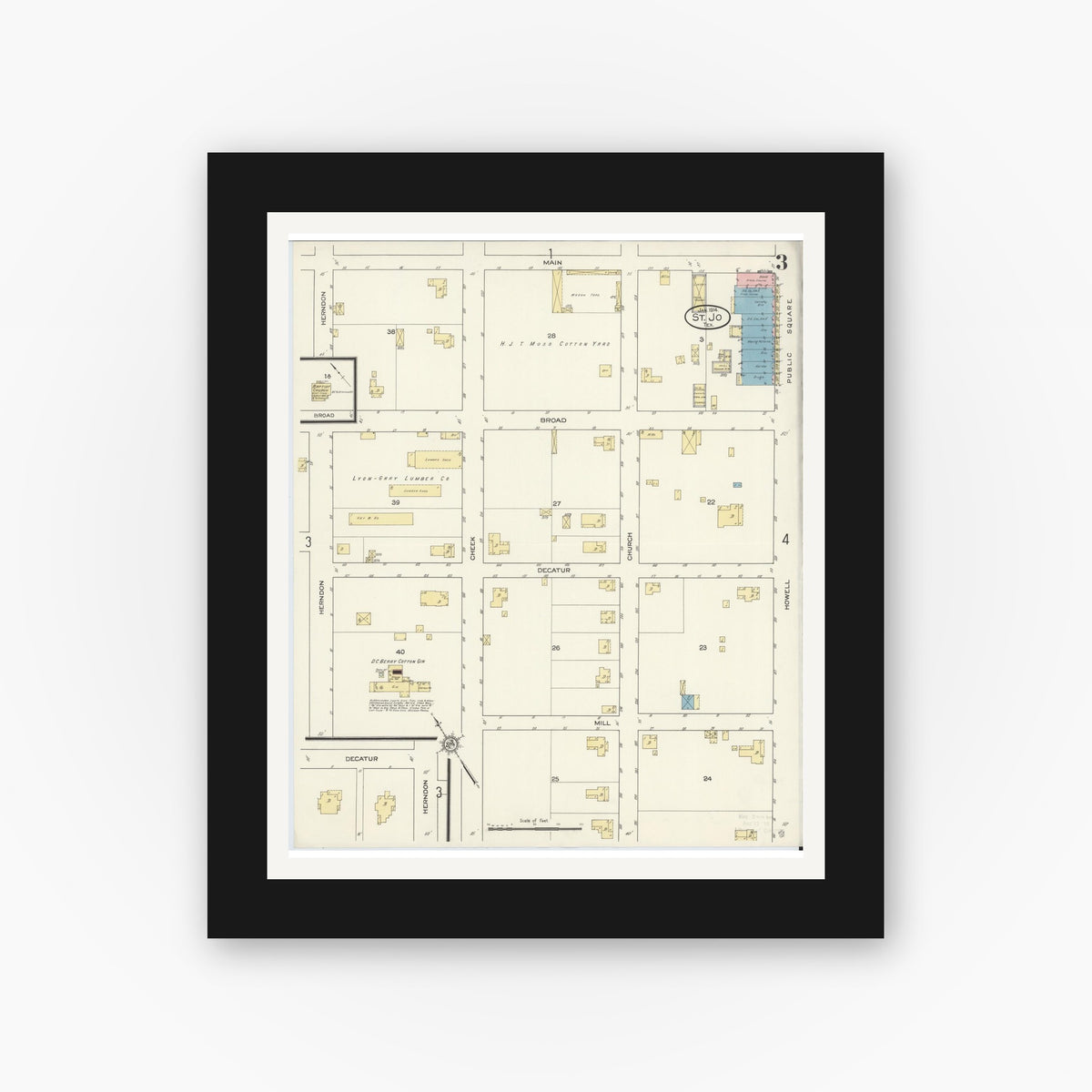 Old map wall art mockup — black gallery frame with white mat — Sanborn Fire Insurance Map from Saint Jo, Montague County, Texas (1914), Sheet #0003
