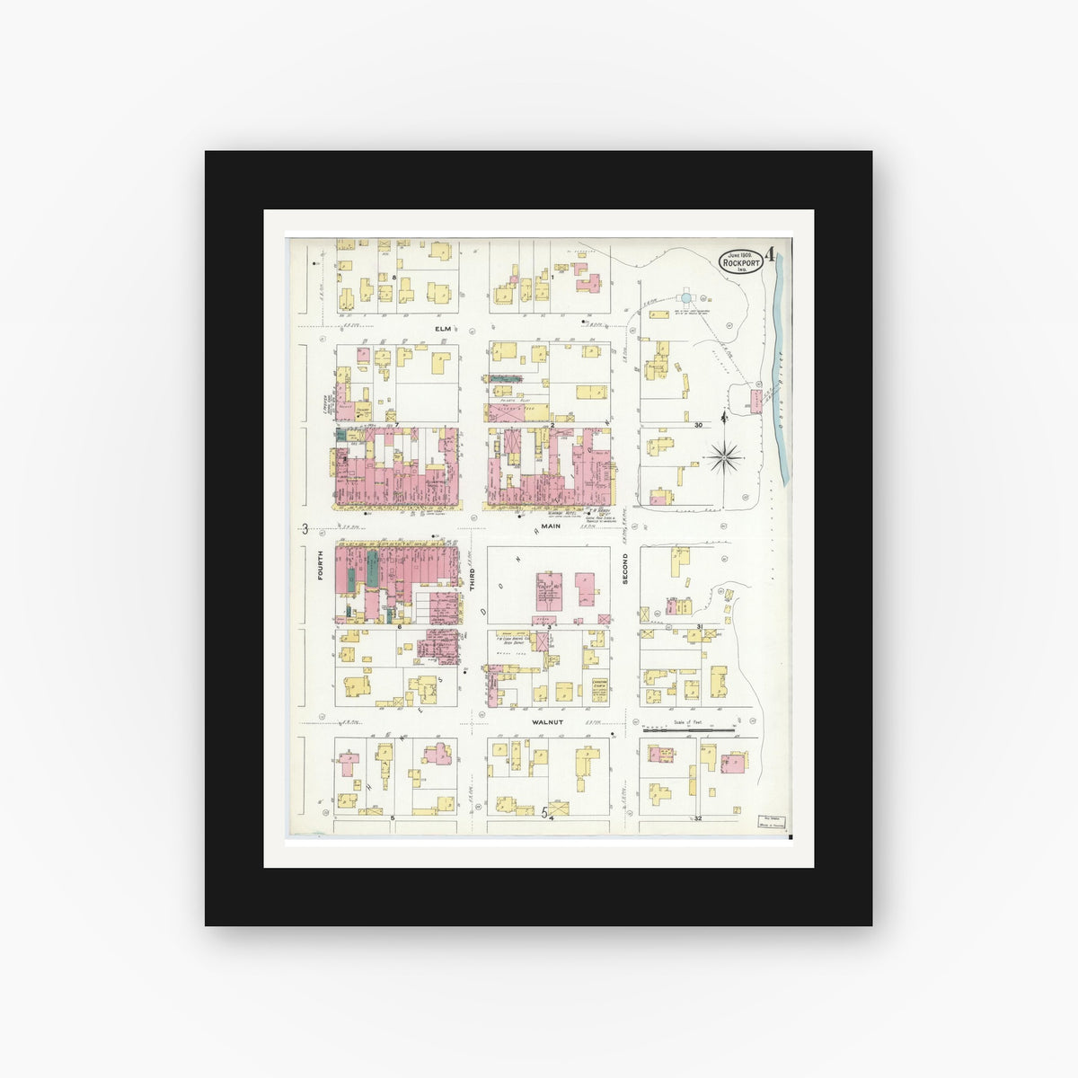 Old map wall art mockup — black gallery frame with white mat — Sanborn Fire Insurance Map from Rockport, Spencer County, Indiana (1909), Sheet #0004