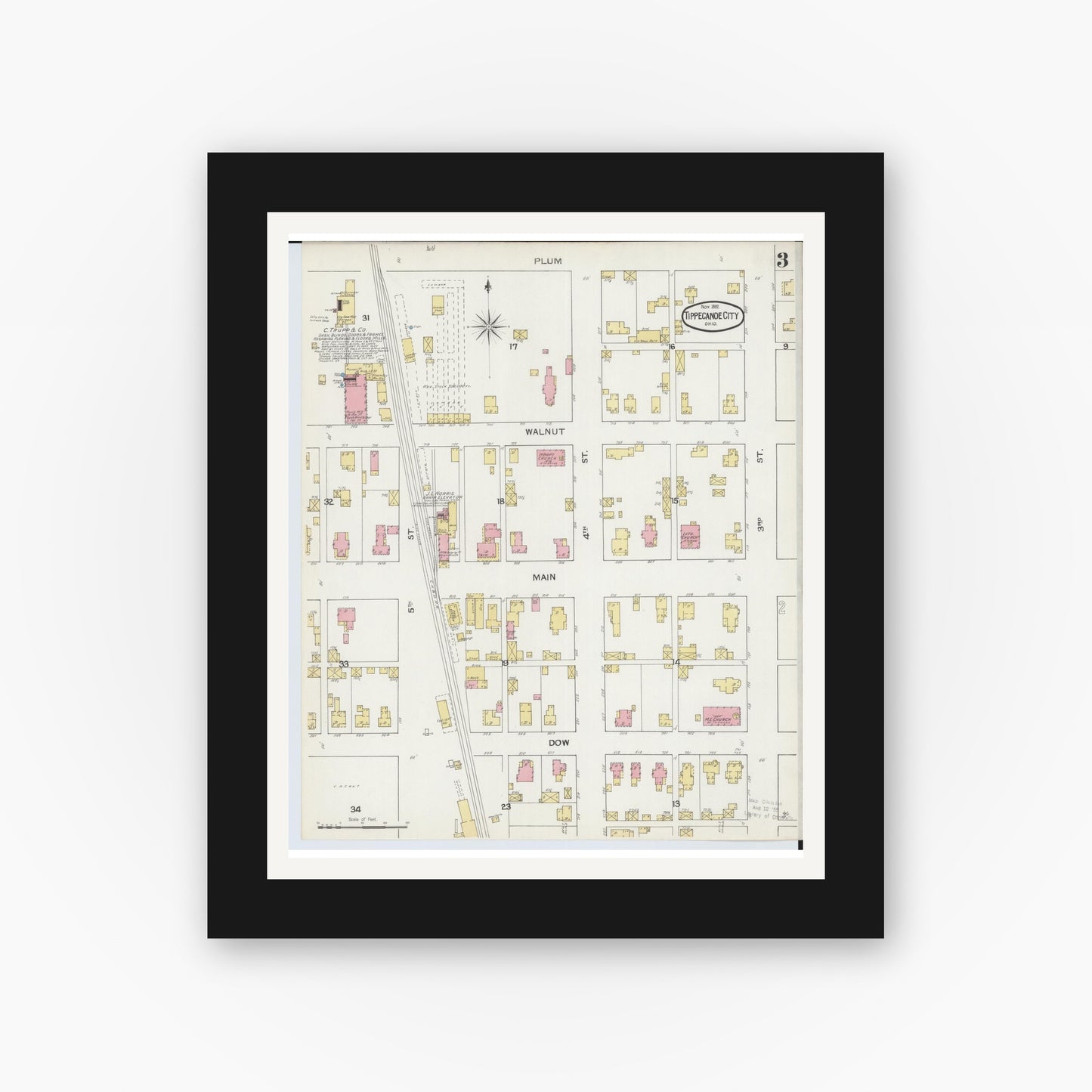 Old map wall art mockup — black gallery frame with white mat — Sanborn Fire Insurance Map from Tipp City, Miami County, Ohio (1892), Sheet #0003