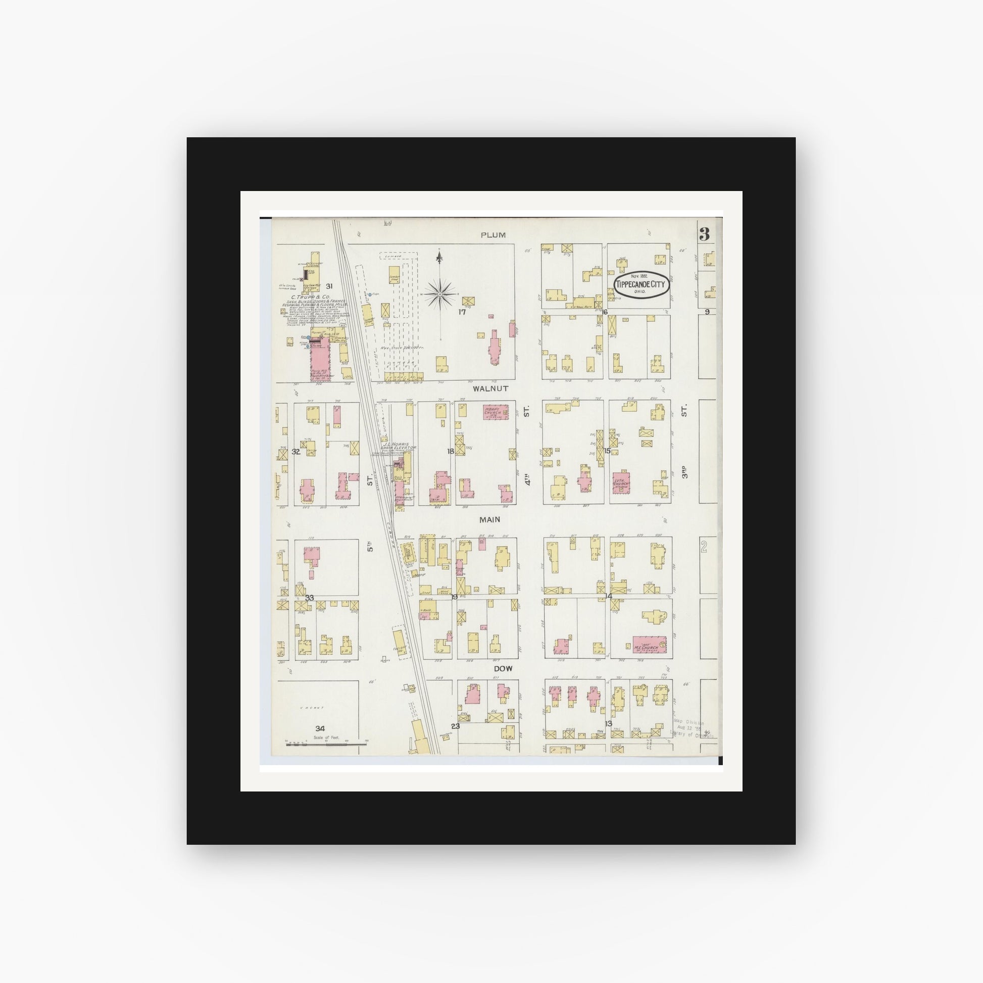 Old map wall art mockup — black gallery frame with white mat — Sanborn Fire Insurance Map from Tipp City, Miami County, Ohio (1892), Sheet #0003