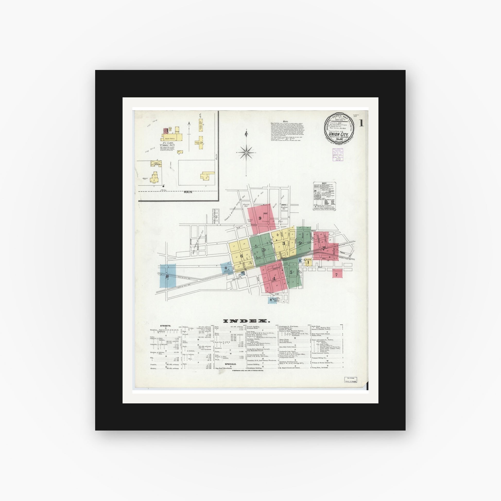 Old map wall art mockup — black gallery frame with white mat — Sanborn Fire Insurance Map from Union City, Randolph County, Indiana (1901) - Complete Map Set