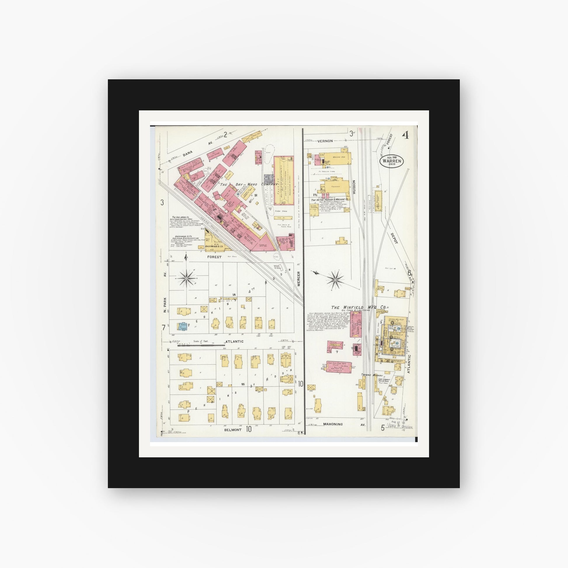 Old map wall art mockup — black gallery frame with white mat — Sanborn Fire Insurance Map from Warren, Trumbull County, Ohio (1908), Sheet #0004