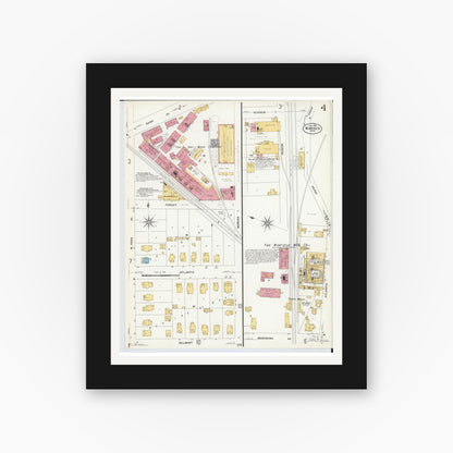 Old map wall art mockup — black gallery frame with white mat — Sanborn Fire Insurance Map from Warren, Trumbull County, Ohio (1908), Sheet #0004