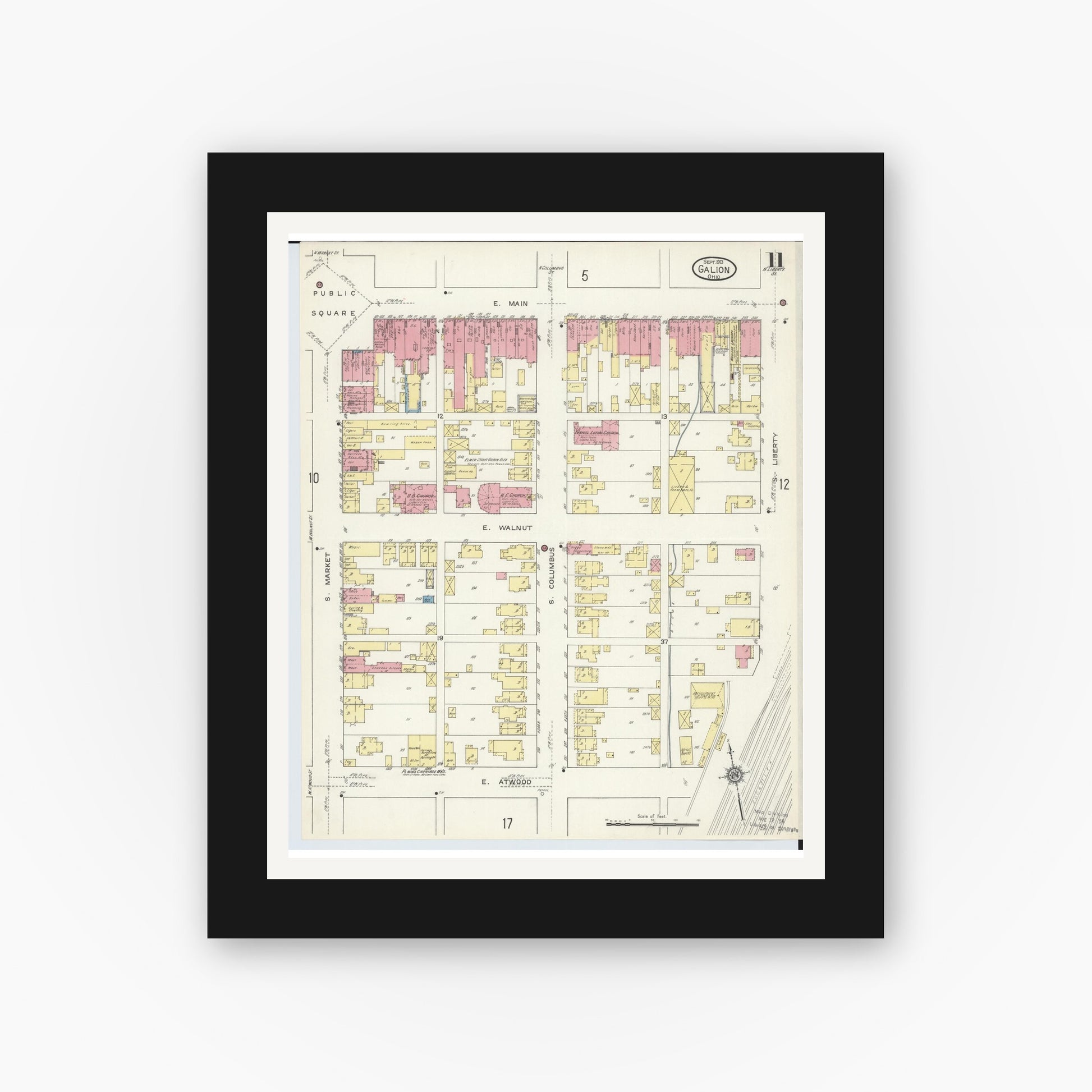 Old map wall art mockup — black gallery frame with white mat — Sanborn Fire Insurance Map from Galion, Crawford County, Ohio (1913), Sheet #0011