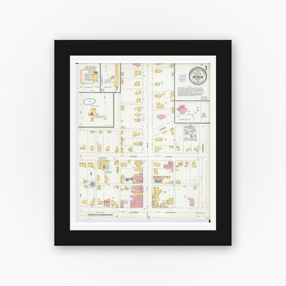 Old map wall art mockup — black gallery frame with white mat — Sanborn Fire Insurance Map from Attica, Seneca County, Ohio (1904), Sheet #0001