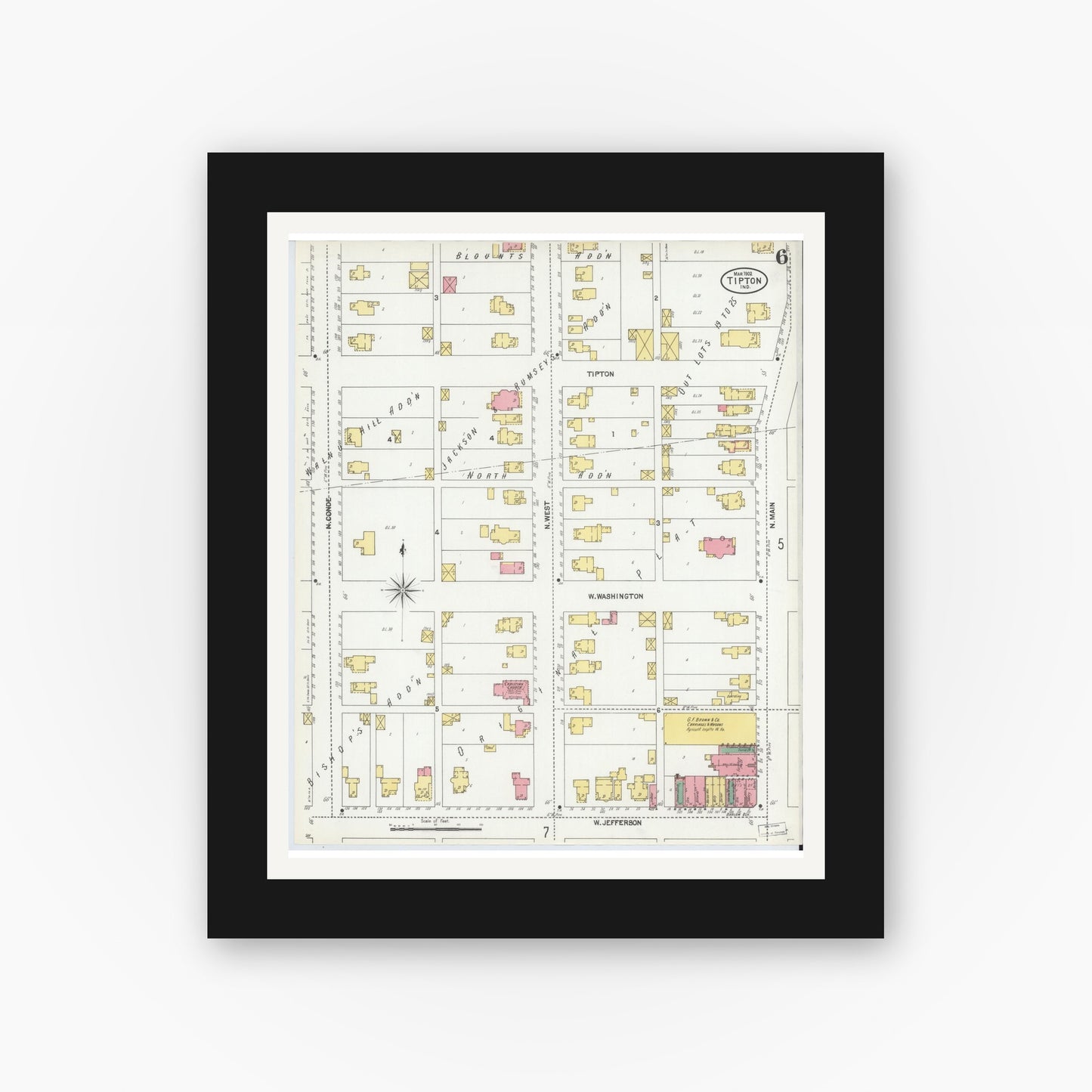 Old map wall art mockup — black gallery frame with white mat — Sanborn Fire Insurance Map from Tipton, Tipton County, Indiana (1902), Sheet #0006