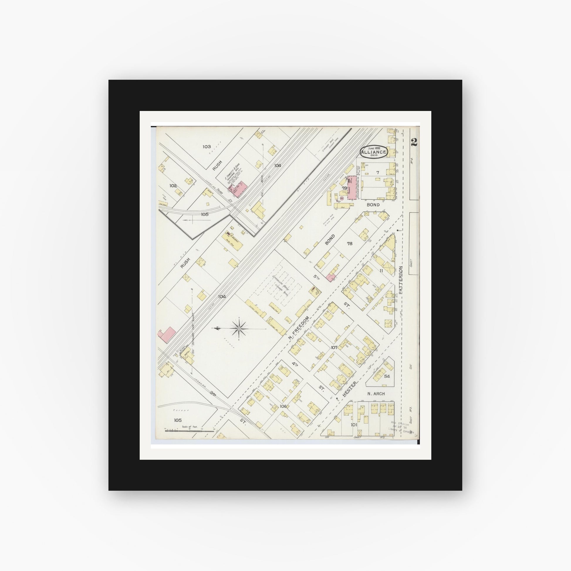 Old map wall art mockup — black gallery frame with white mat — Sanborn Fire Insurance Map from Alliance, Stark County, Ohio (1892), Sheet #0002