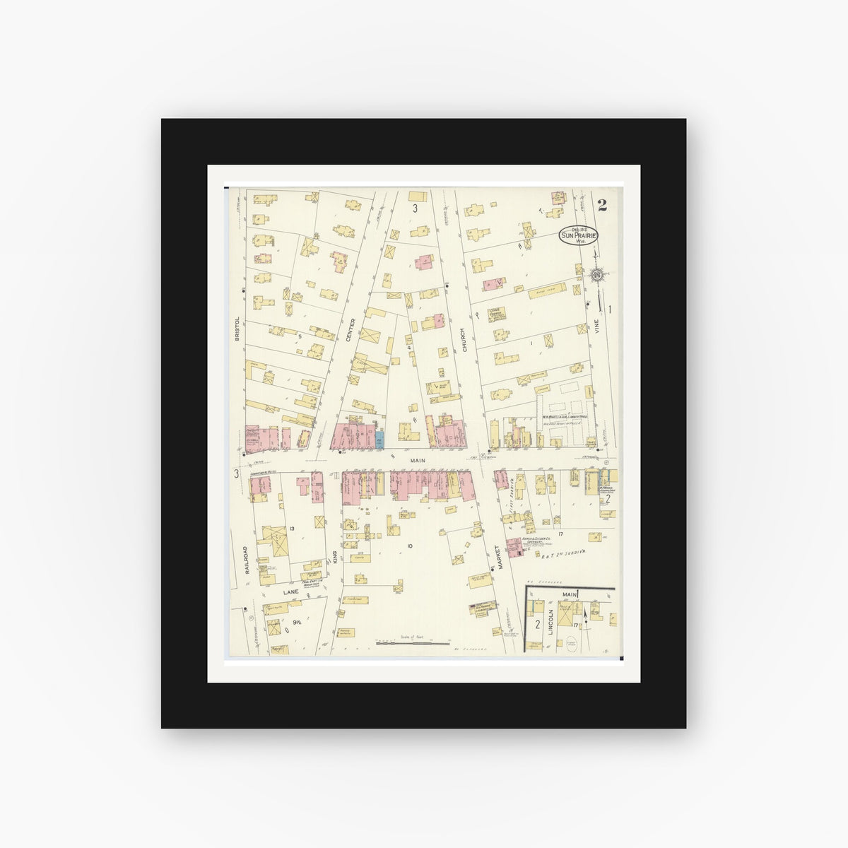 Old map wall art mockup — black gallery frame with white mat — Sanborn Fire Insurance Map from Sun Prairie, Dane County, Wisconsin (1912), Sheet #0002