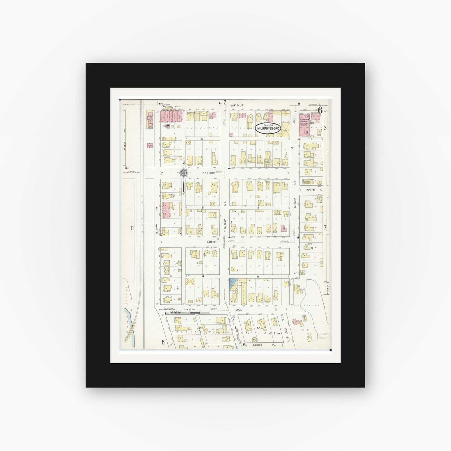 Old map wall art mockup — black gallery frame with white mat — Sanborn Fire Insurance Map from Murphysboro, Jackson County, Illinois (1914), Sheet #0006