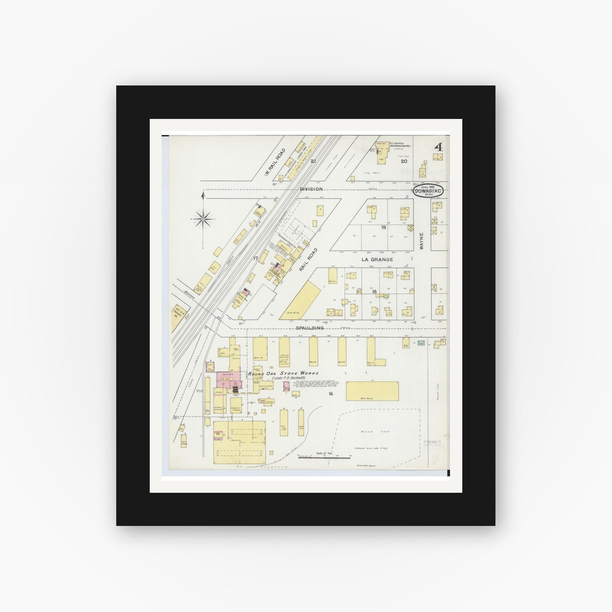 Old map wall art mockup — black gallery frame with white mat — Sanborn Fire Insurance Map from Dowagiac, Cass County, Michigan (1892), Sheet #0004