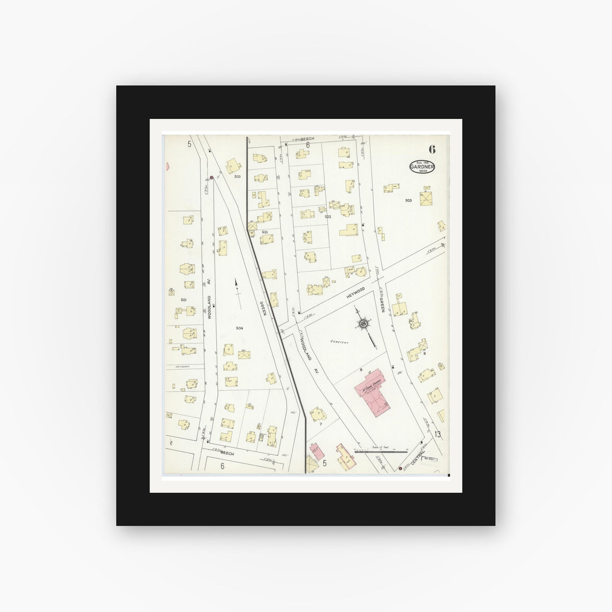 Old map wall art mockup — black gallery frame with white mat — Sanborn Fire Insurance Map from Gardner, Worcester County, Massachusetts (1914), Sheet #0006