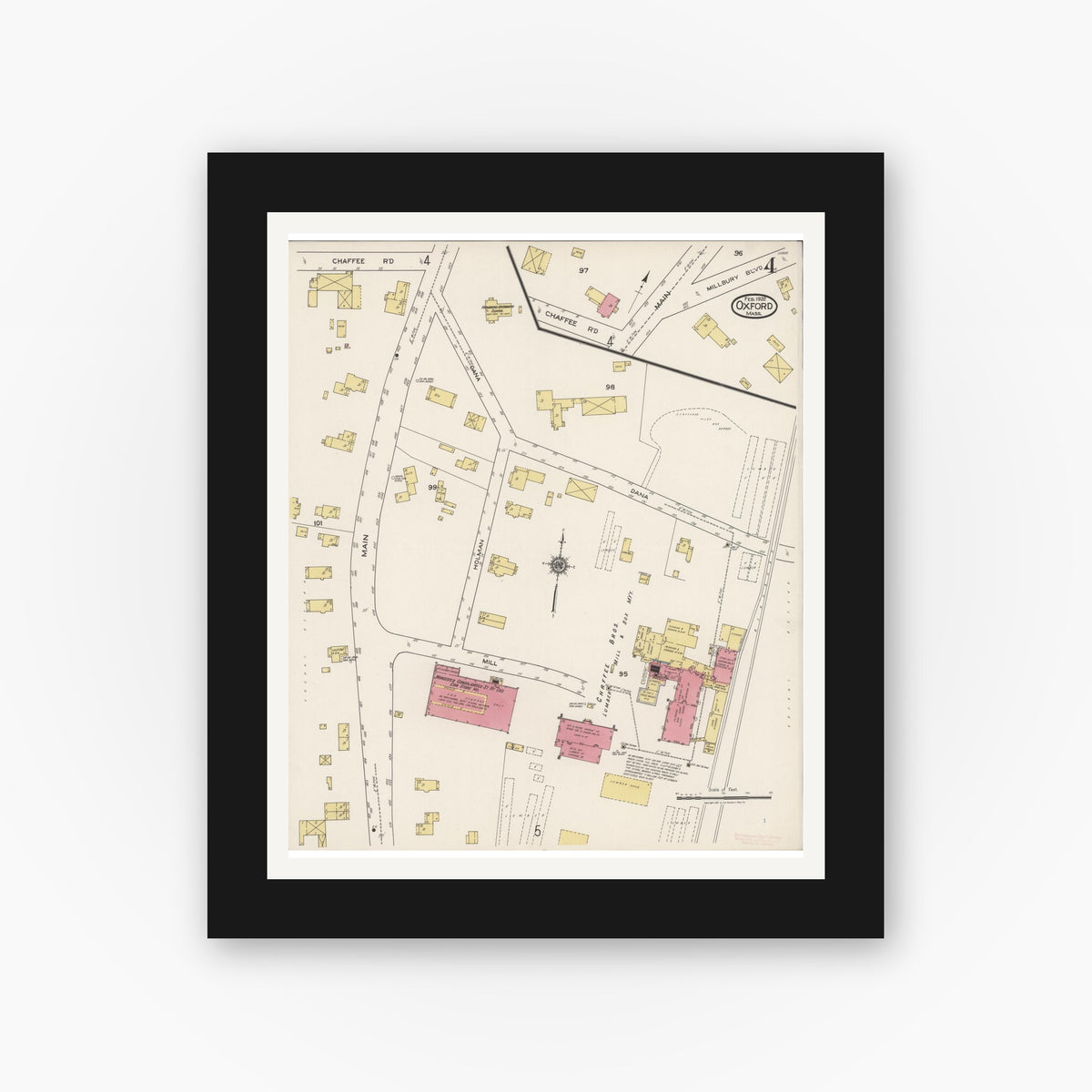 Old map wall art mockup — black gallery frame with white mat — Sanborn Fire Insurance Map from Oxford, Worcester County, Massachusetts (1922), Sheet #0004