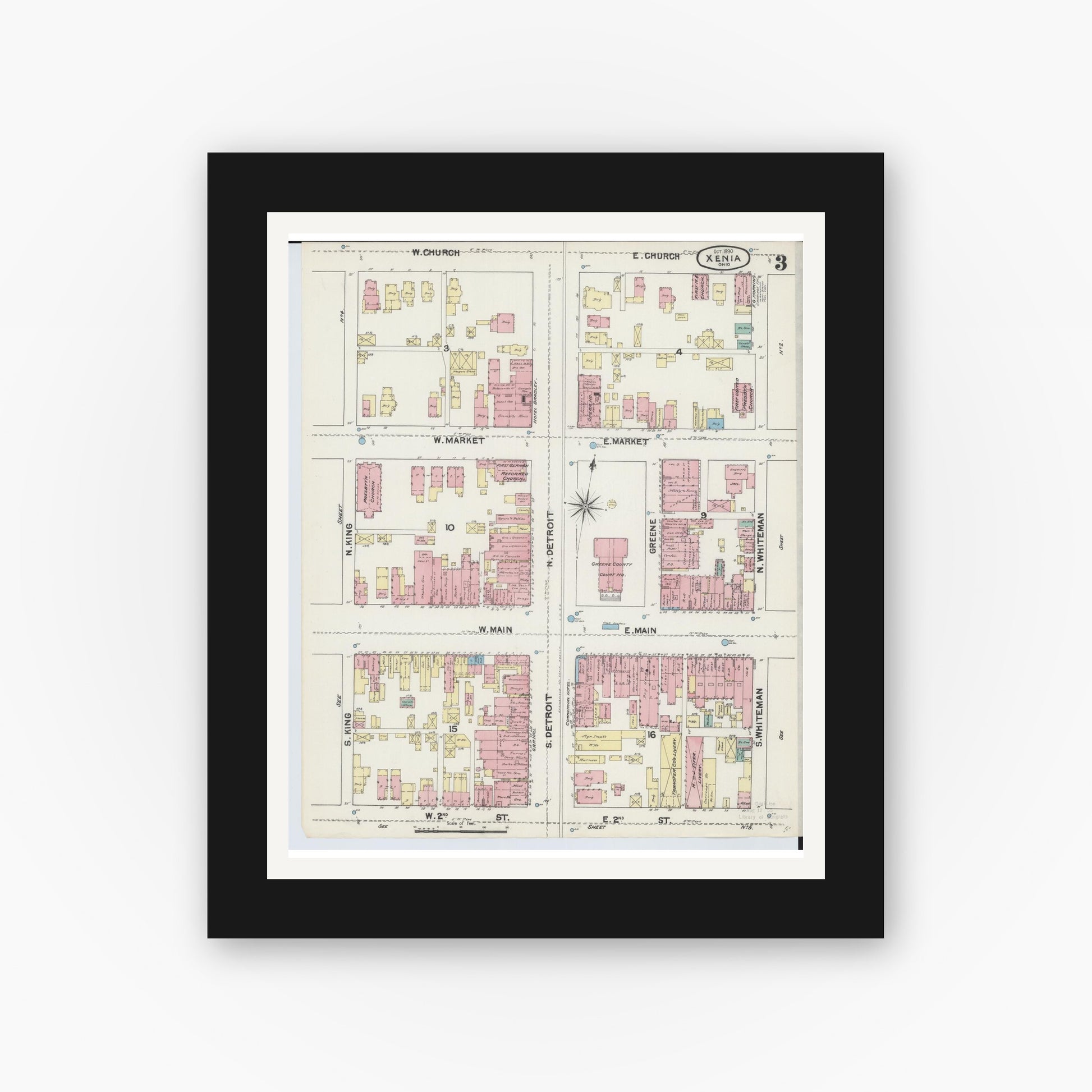 Old map wall art mockup — black gallery frame with white mat — Sanborn Fire Insurance Map from Xenia, Greene County, Ohio (1890), Sheet #0003