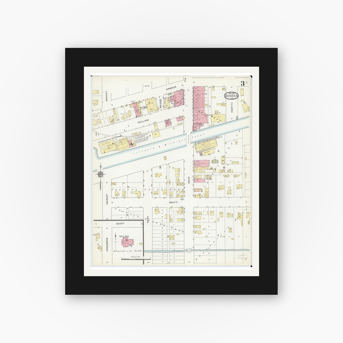 Old map wall art mockup — black gallery frame with white mat — Sanborn Fire Insurance Map from Seneca, La Salle County, Illinois (1913), Sheet #0003