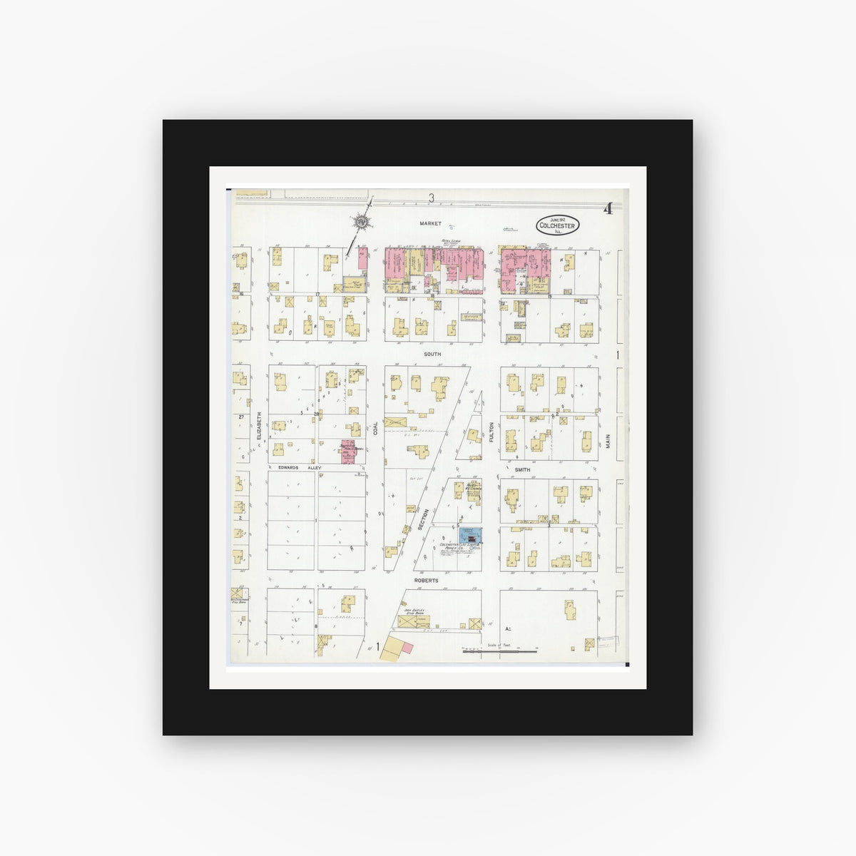 Old map wall art mockup — black gallery frame with white mat — Sanborn Fire Insurance Map from Colchester, Mcdonough County, Illinois (1912), Sheet #0004