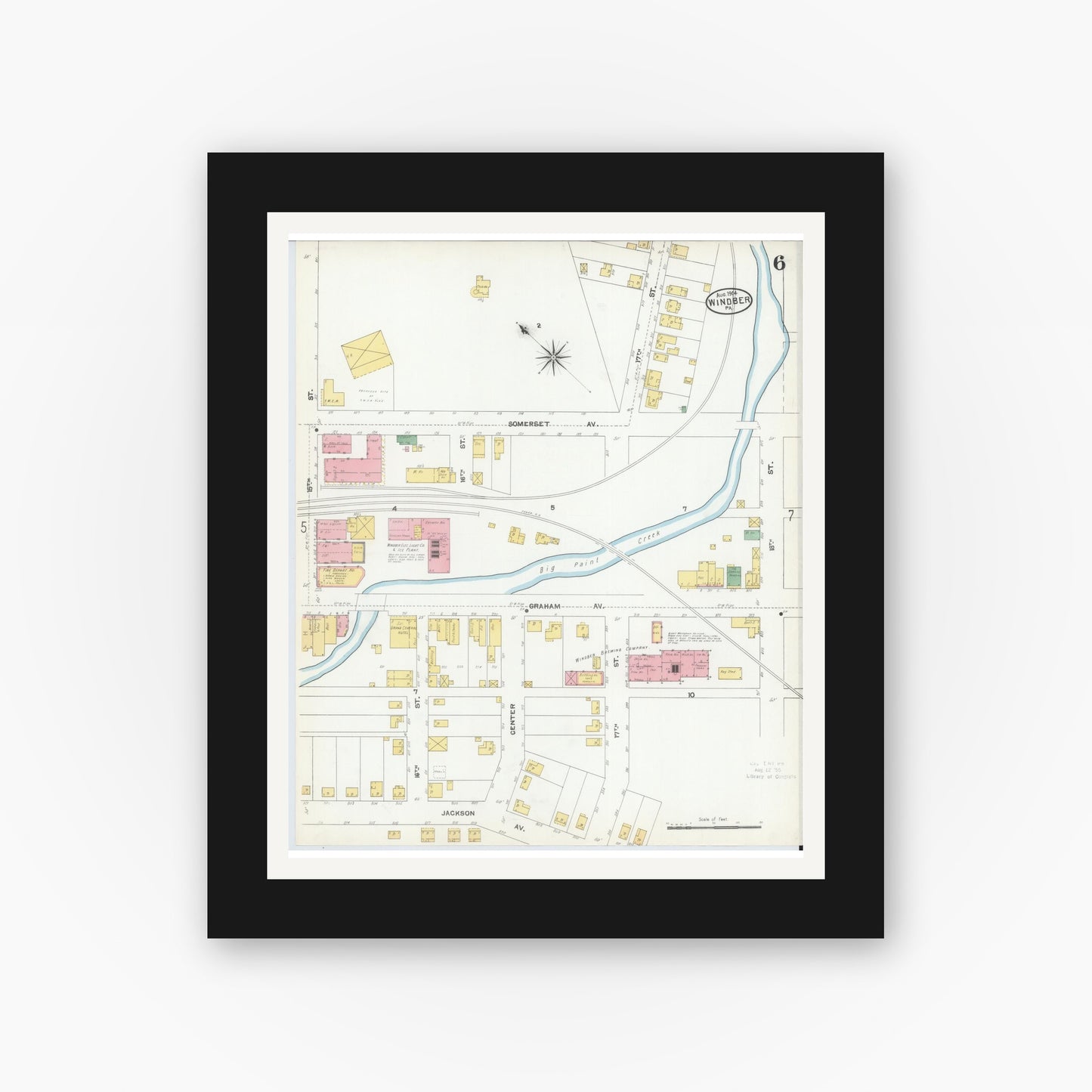 Old map wall art mockup — black gallery frame with white mat — Sanborn Fire Insurance Map from Windber, Somerset County, Pennsylvania (1904), Sheet #0006