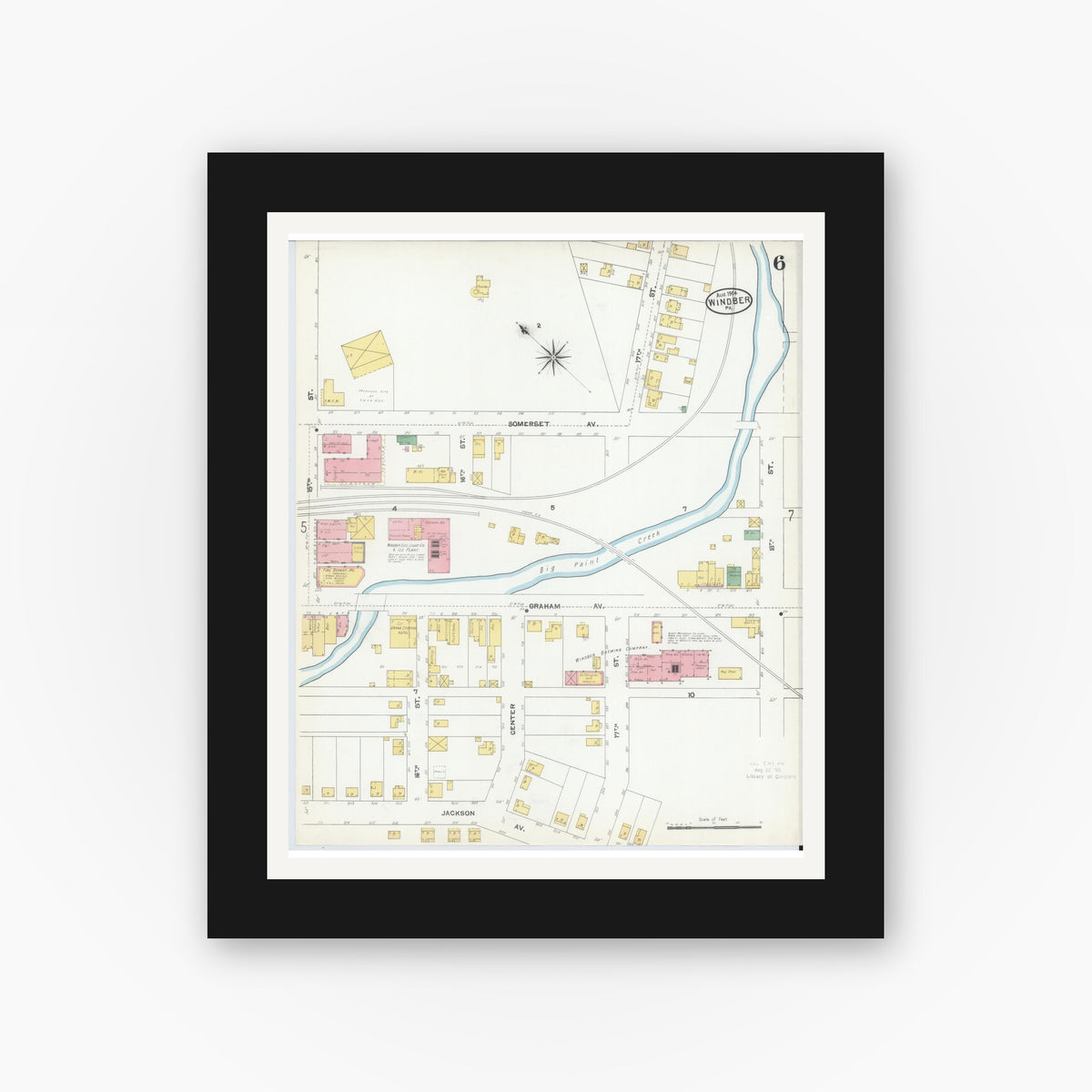 Old map wall art mockup — black gallery frame with white mat — Sanborn Fire Insurance Map from Windber, Somerset County, Pennsylvania (1904), Sheet #0006