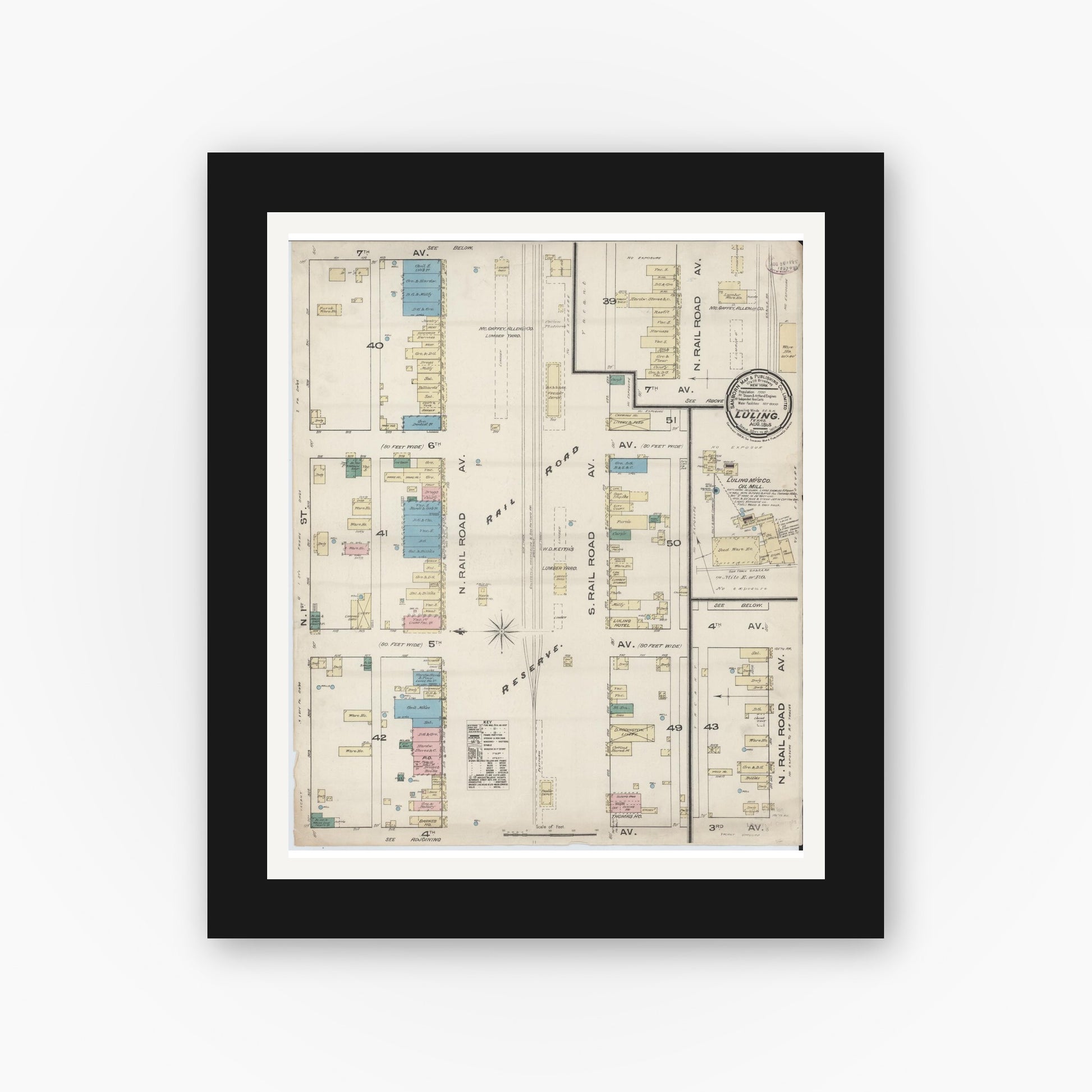 Old map wall art mockup — black gallery frame with white mat — Sanborn Fire Insurance Map from Luling, Caldwell County, Texas (1885), Sheet #0001