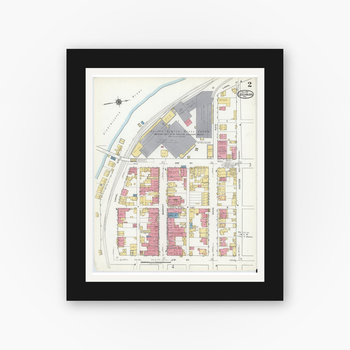 Old map wall art mockup — black gallery frame with white mat — Sanborn Fire Insurance Map from Leechburg, Armstrong County, Pennsylvania (1919), Sheet #0002