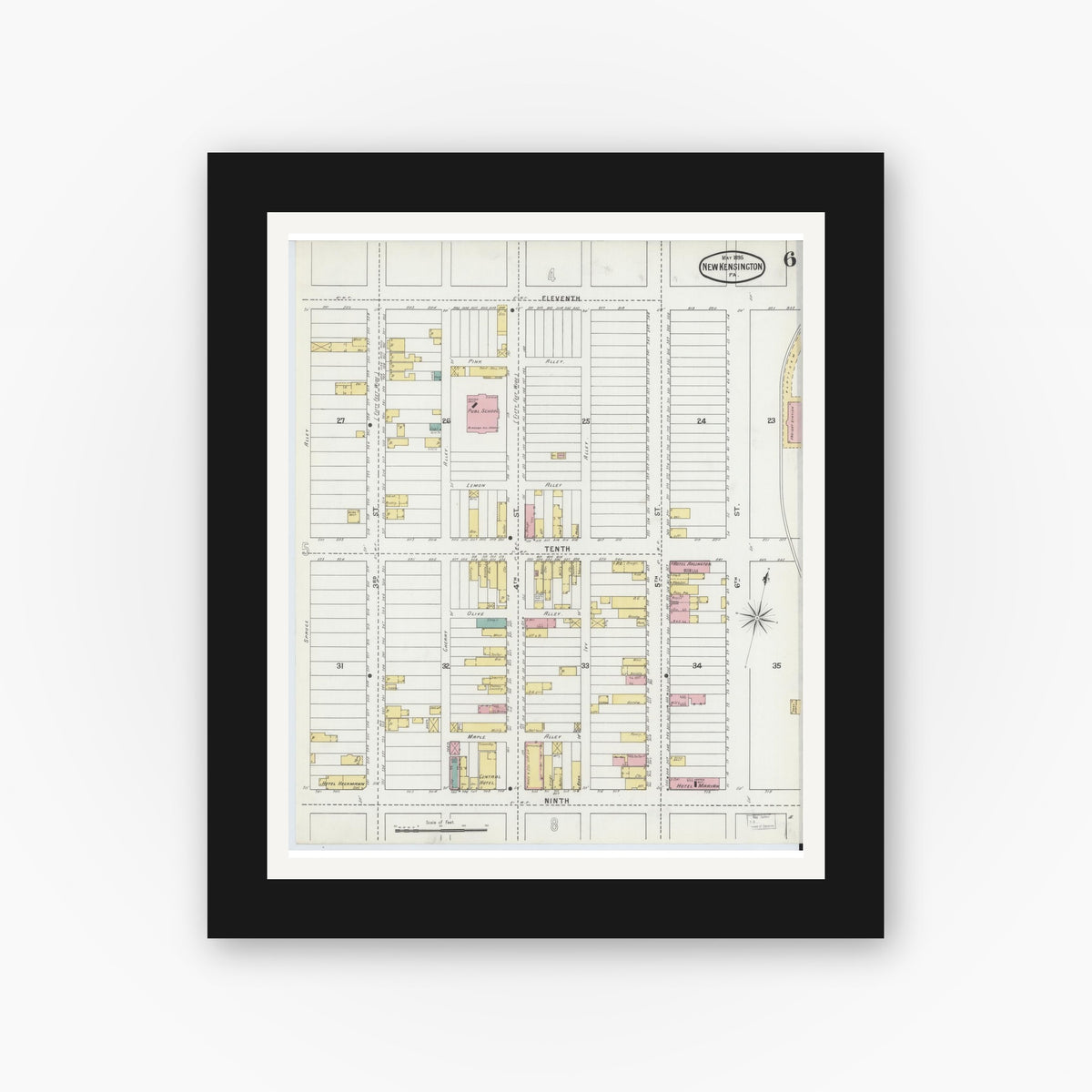 Old map wall art mockup — black gallery frame with white mat — Sanborn Fire Insurance Map from New Kensington, Westmoreland County, Pennsylvania (1895), Sheet #0006