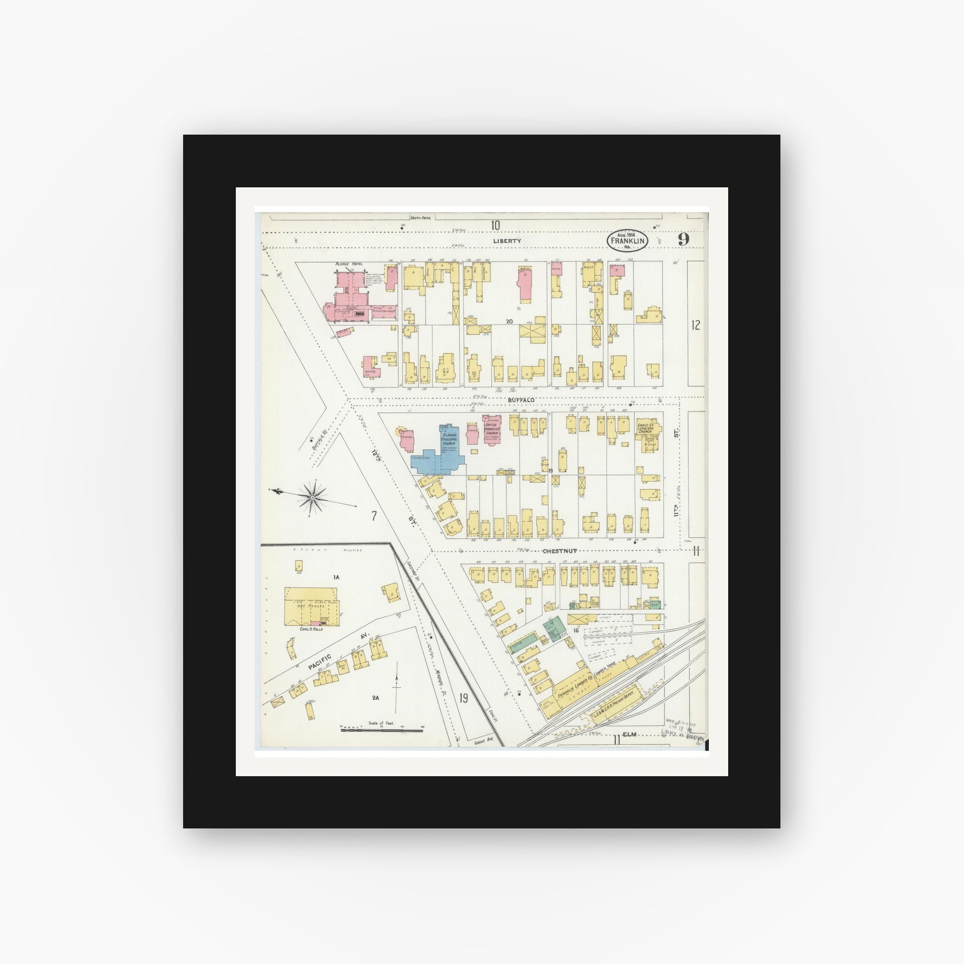 Old map wall art mockup — black gallery frame with white mat — Sanborn Fire Insurance Map from Franklin, Venango County, Pennsylvania (1906), Sheet #0009